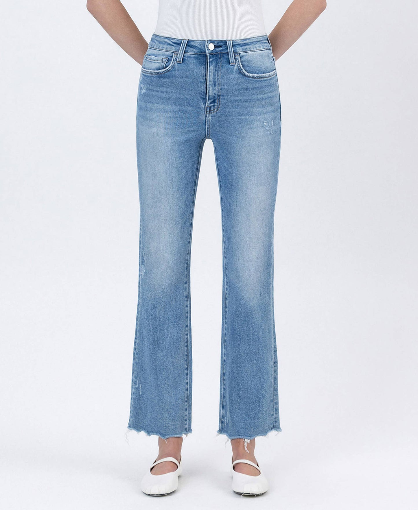 High Rise Light Wash Uneven Raw Hem Kick Flare Denim by Lovervet