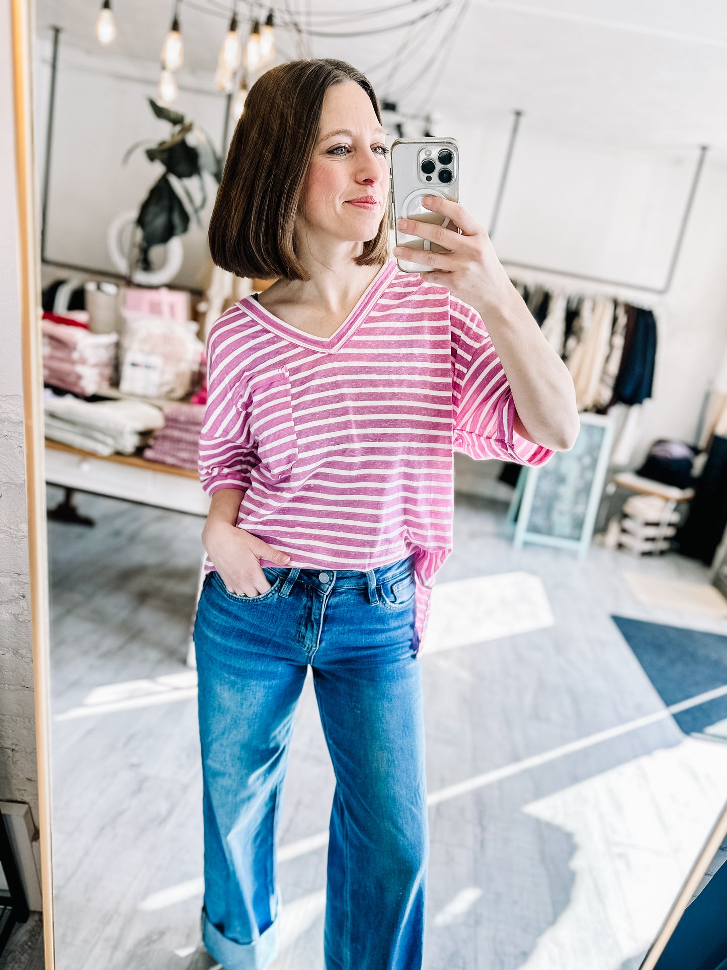 Oversized Stripe Casual V-Neck Knit Top in Orchid