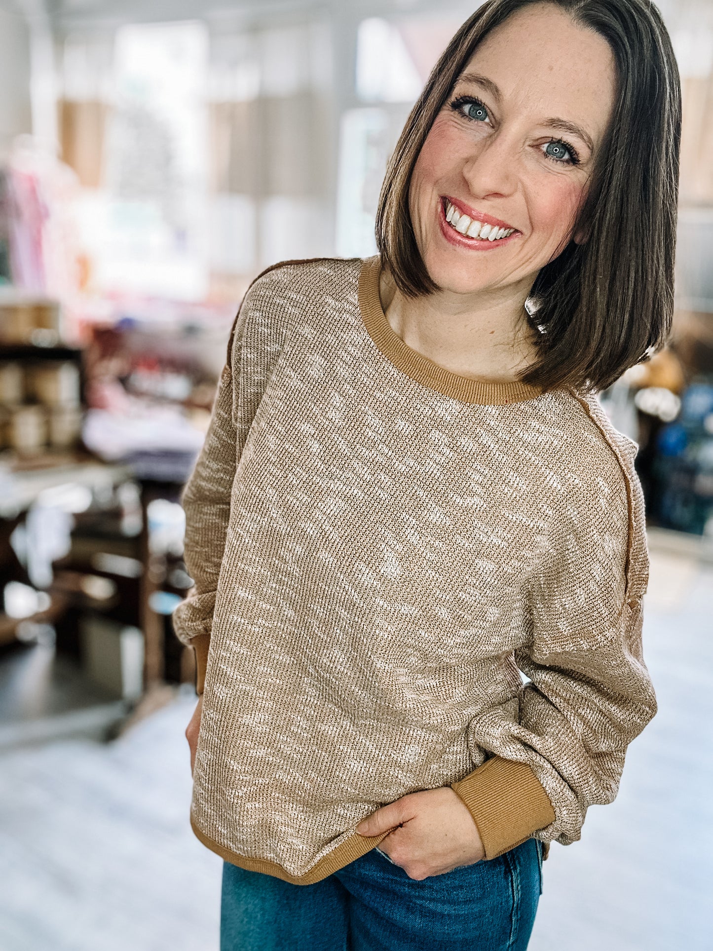 Oversized Printed Knit Casual Top in Mixed Mocha