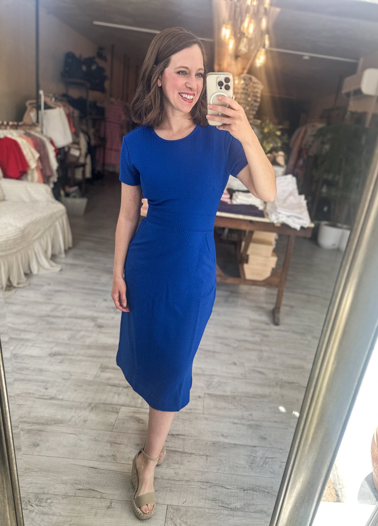 Say Oui! Royal Blue Short Sleeve Ribbed Knit Midi Dress