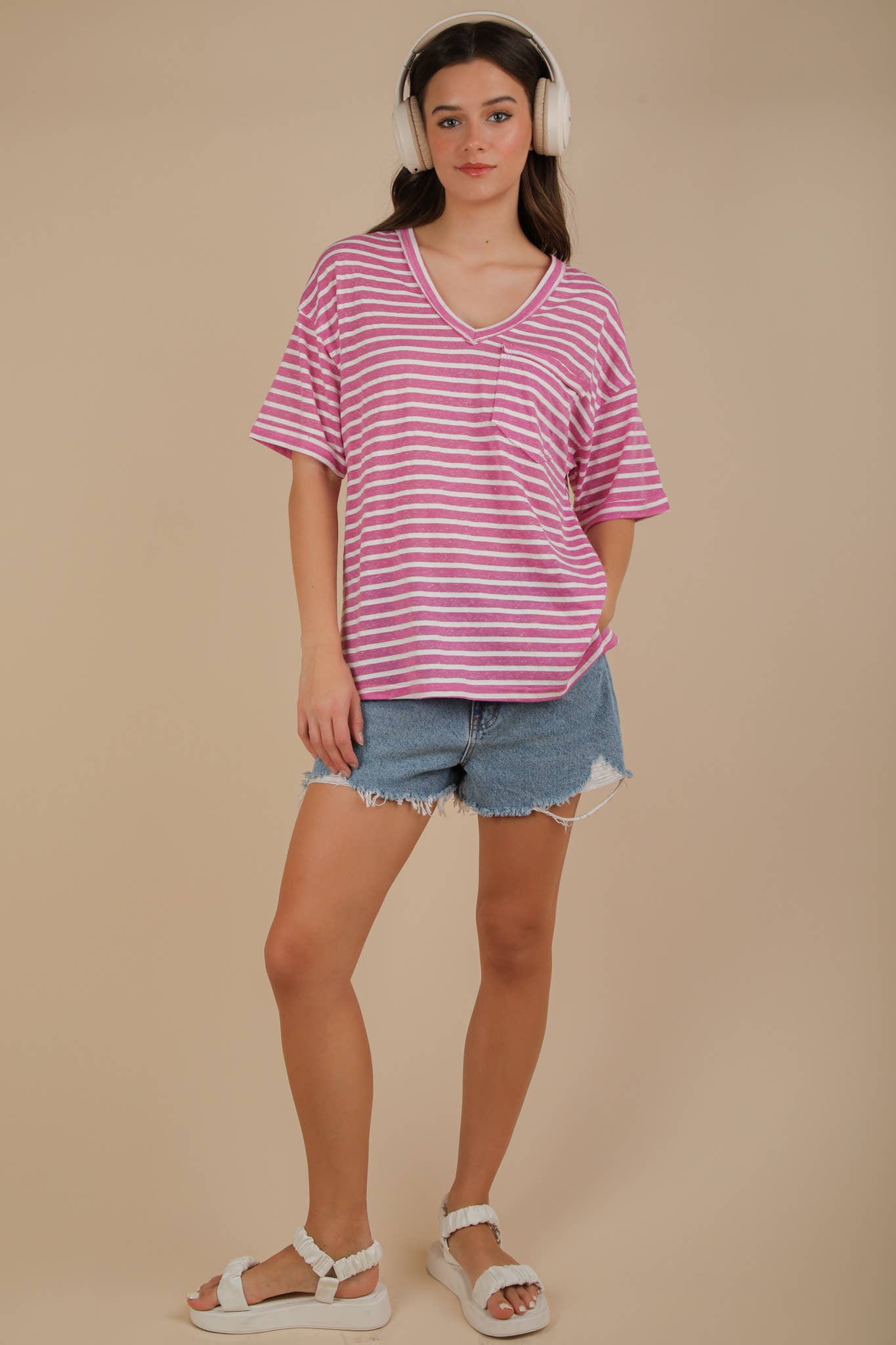 Oversized Stripe Casual V-Neck Knit Top in Orchid
