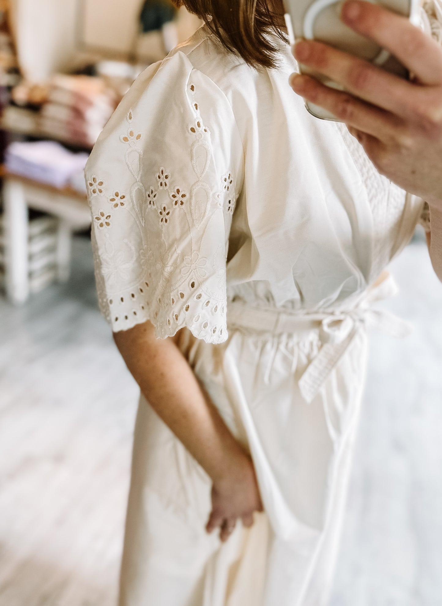 Embroidered Eyelet Belted Mid Dress in Champaign Ivory