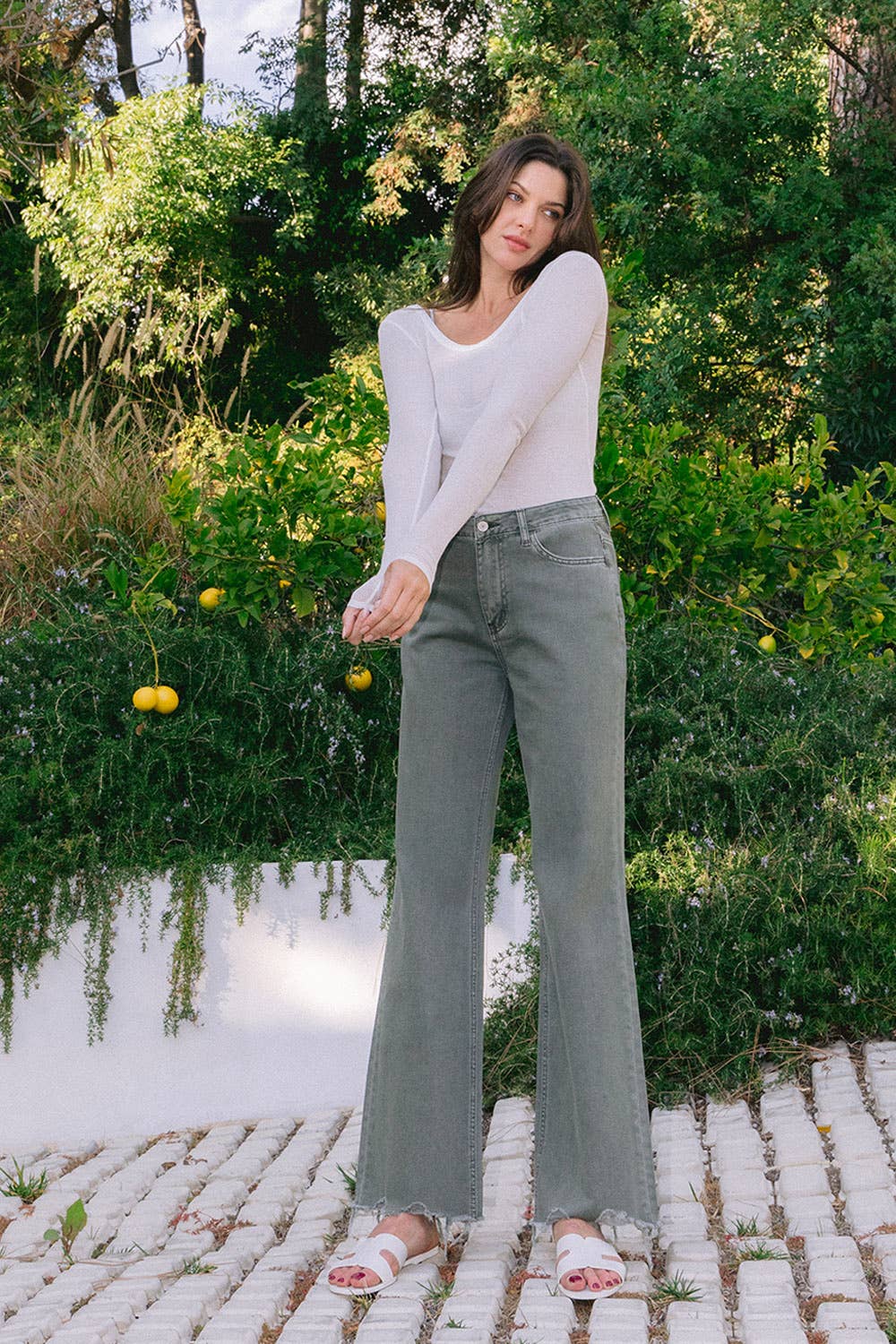 90'S Vintage Super High Rise Flare Jean in Thyme by Vervet