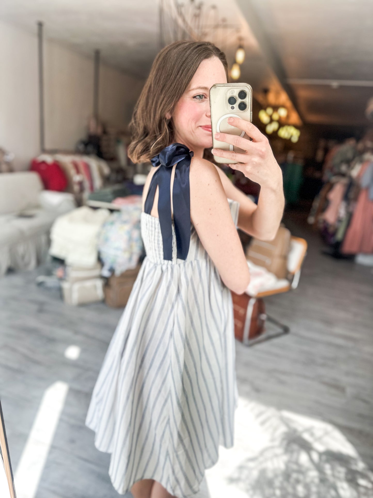 Striped Babydoll Dress with Ribbons Ties with Navy