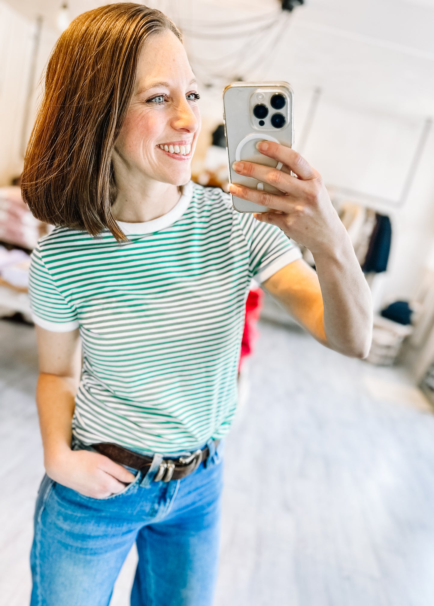 Striped Contrast Trim Tee in Kelly Green & Lavender
