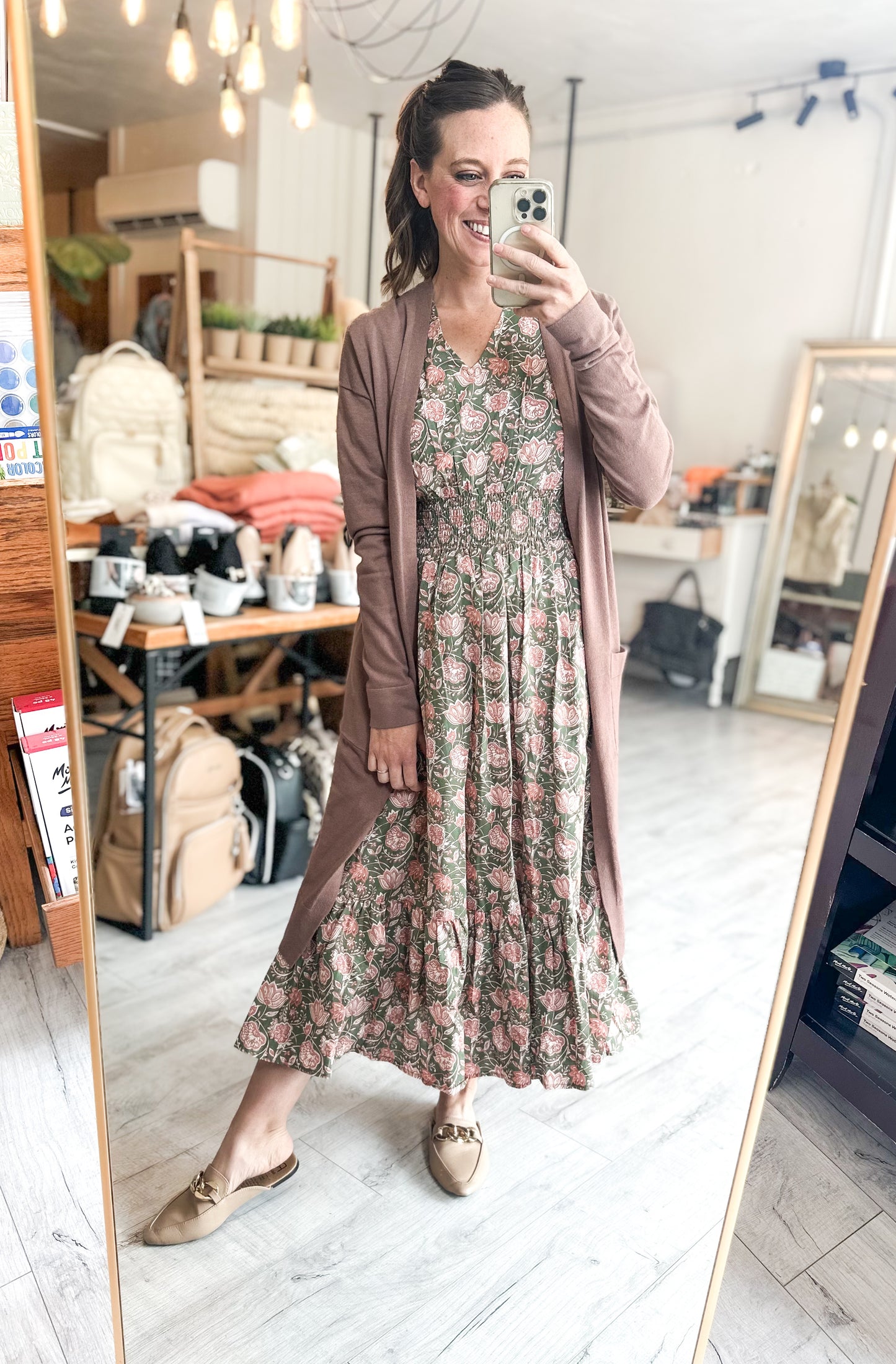 Violet Midi Dress in Green & Pink