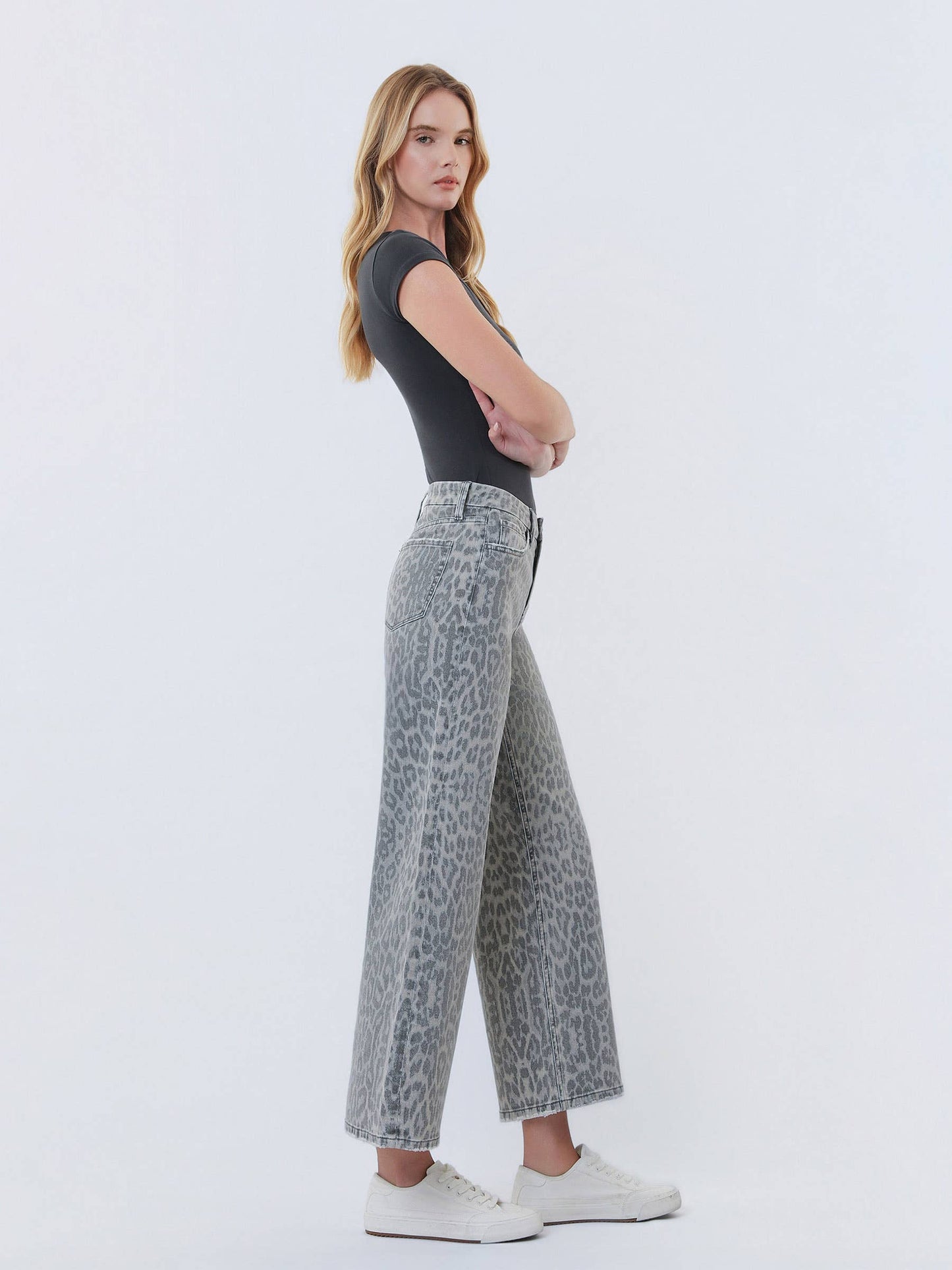 High Rise Grey Leopard Wide Leg Denim by Vervet