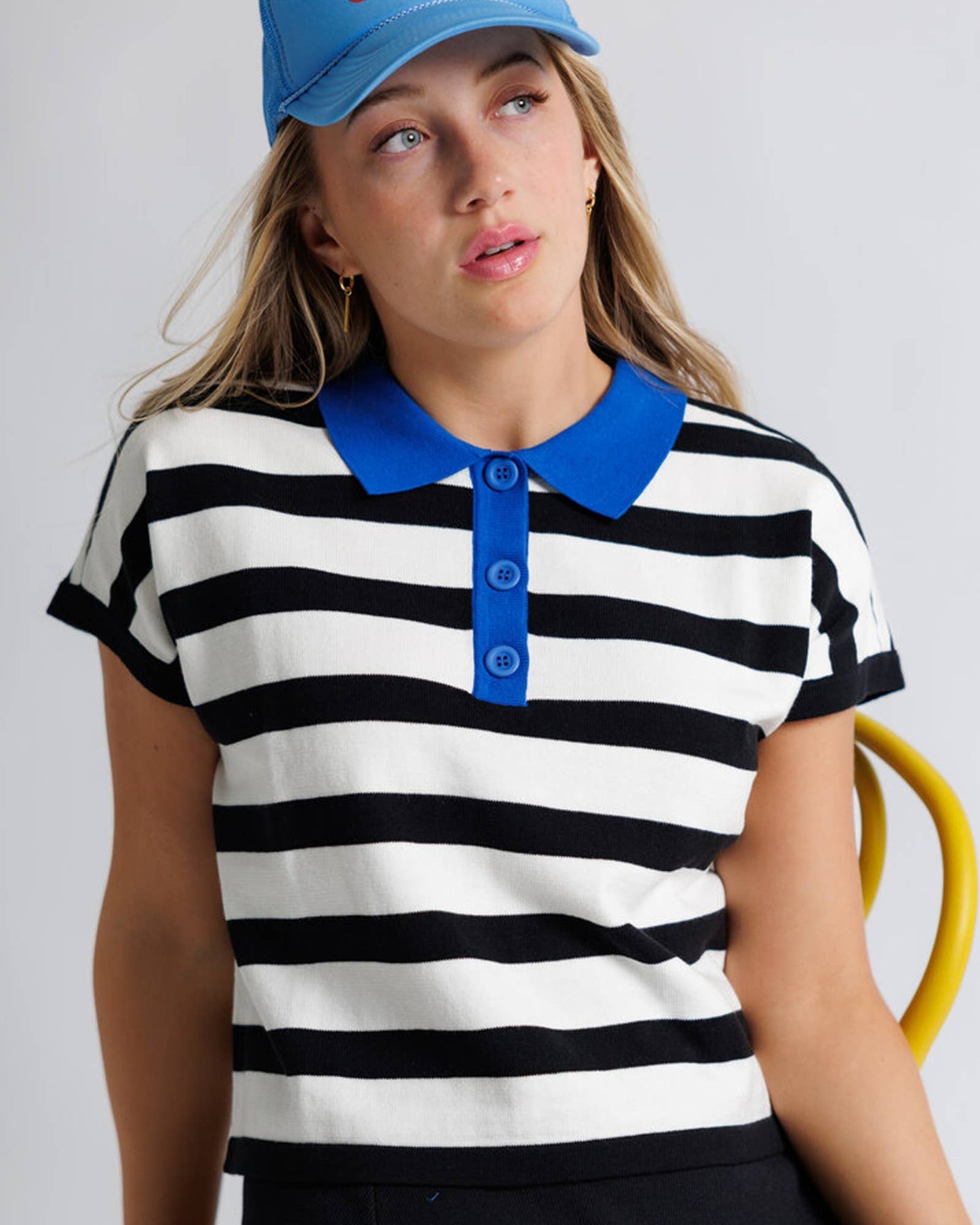 Promenade Black and White Striped Sweater Polo Pullover