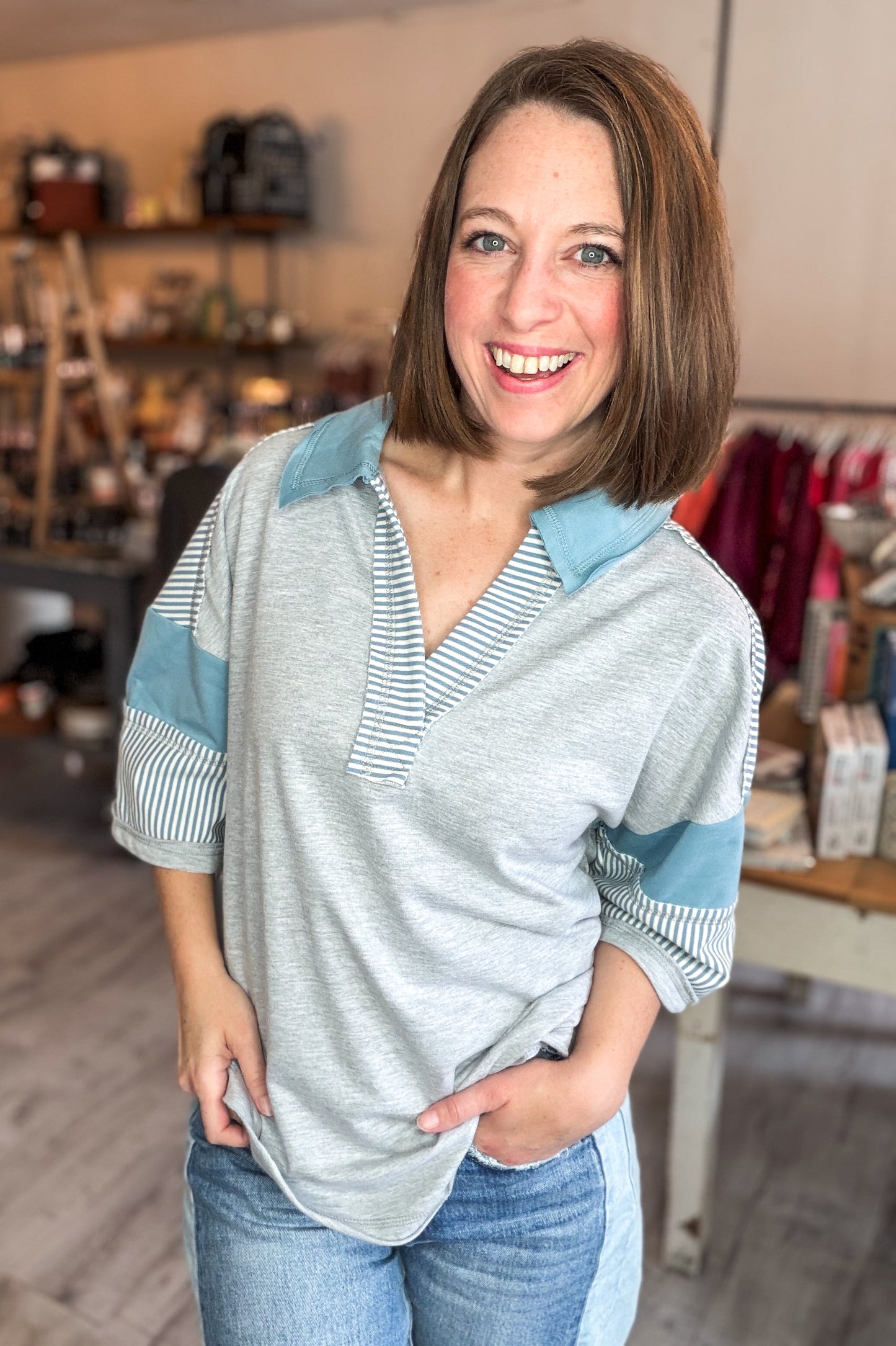 Oversized Half Sleeve Casual Knit Top in Grey & Blue