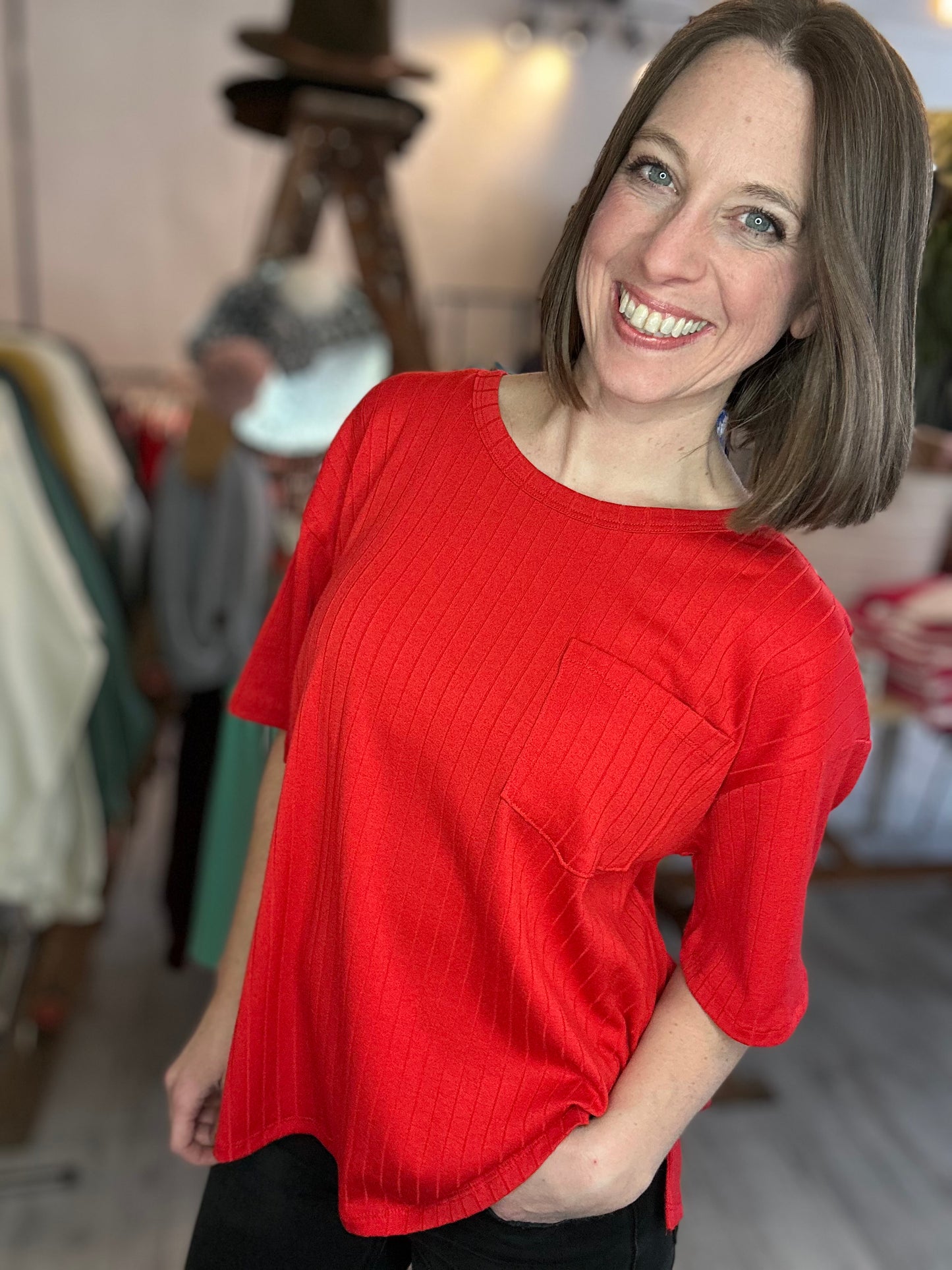 Ribbed Boyfriend Style Oversized Top in Ruby Red