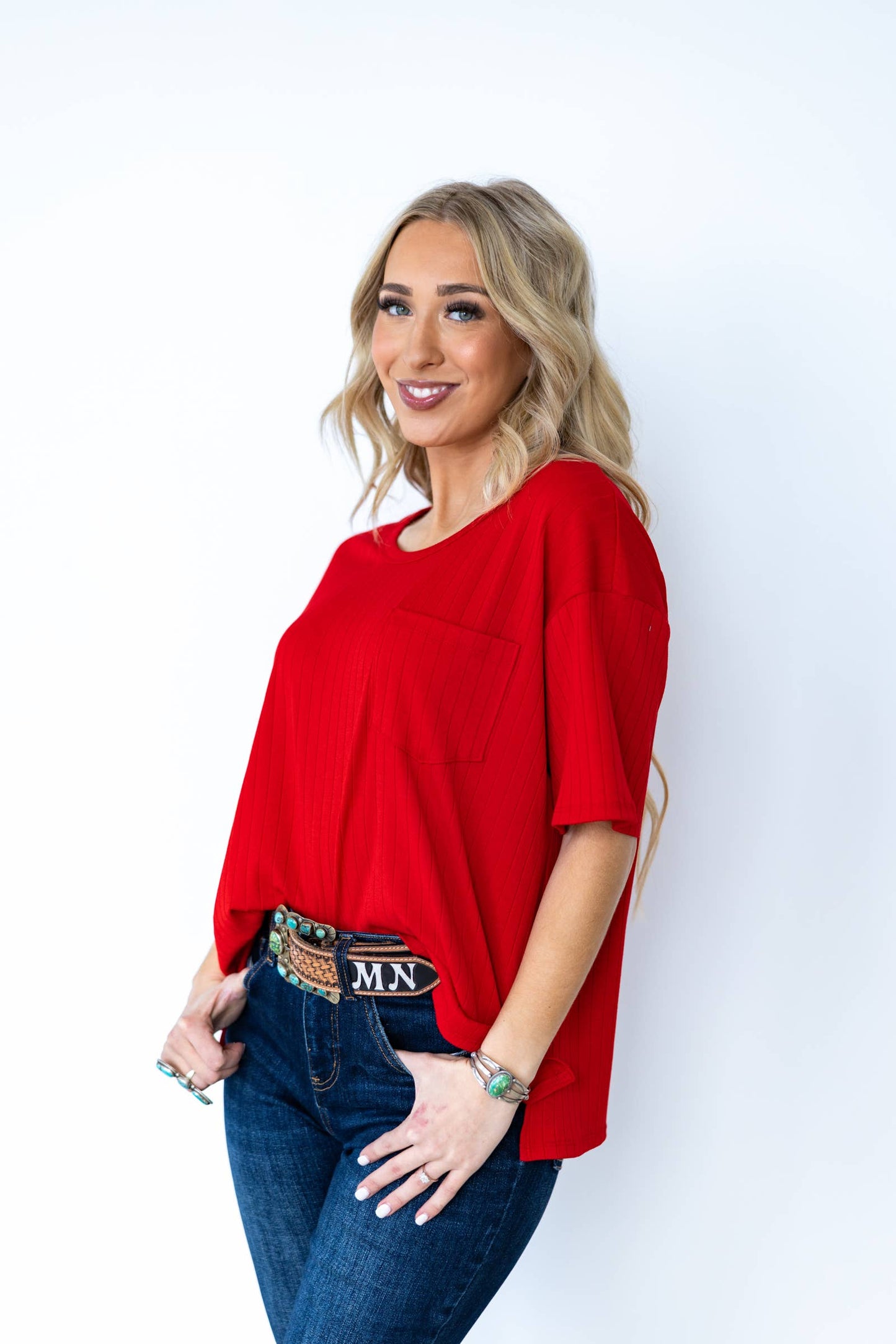 Ribbed Boyfriend Style Oversized Top in Ruby Red