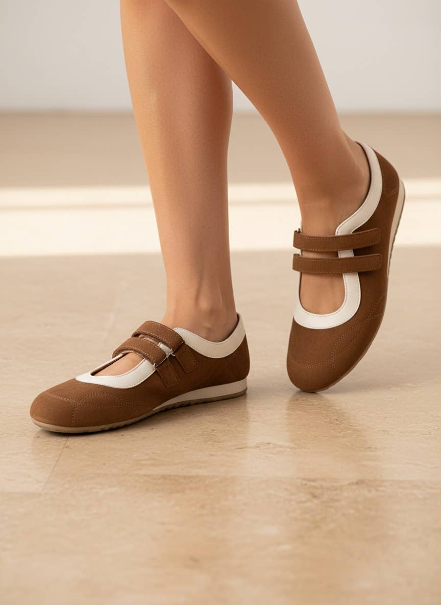 Double Strap Mary Jane Sneakers Velcro Casual Comfort in Cognac