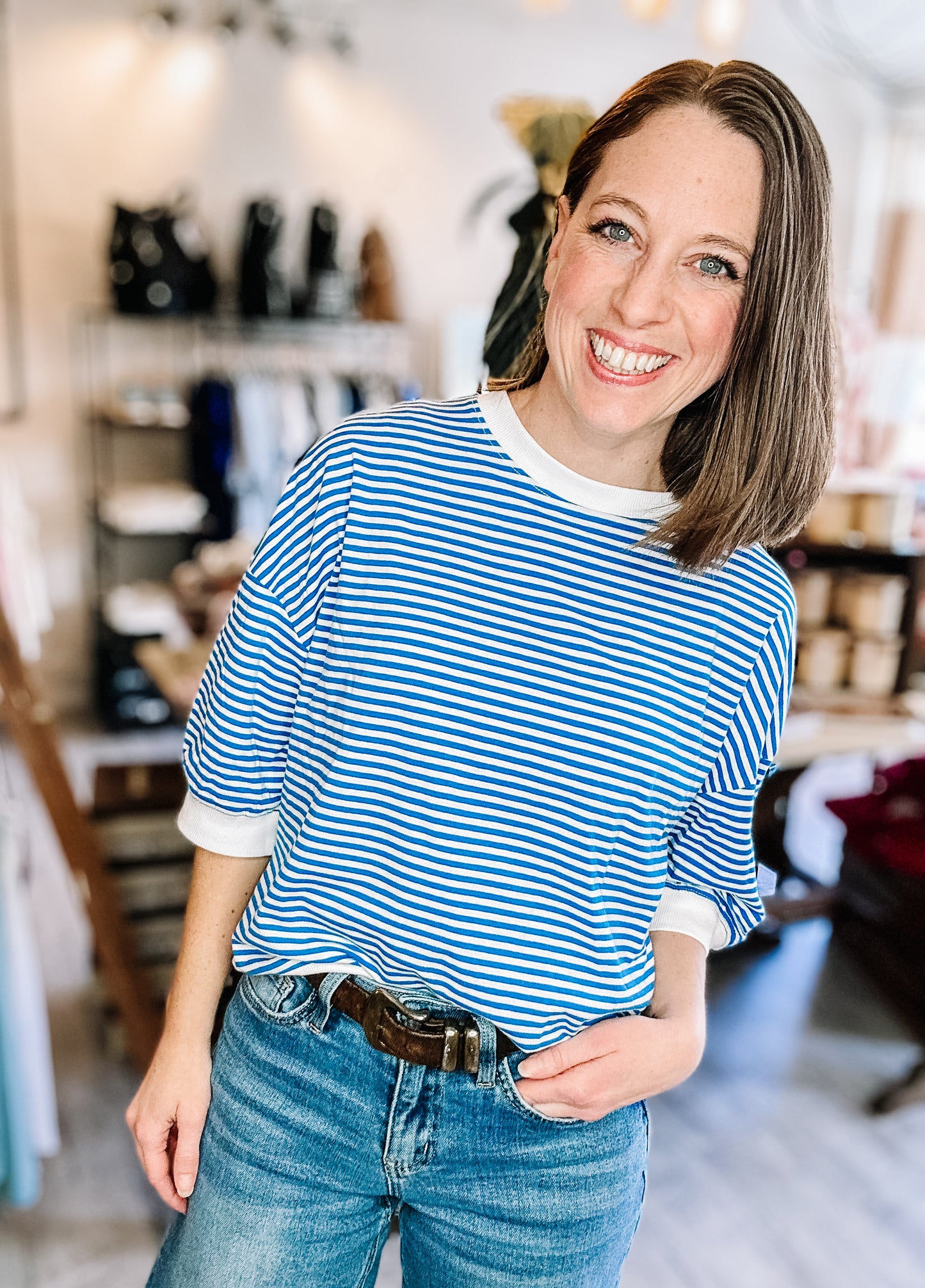 Striped Short Sleeve Top in Ocean Blue