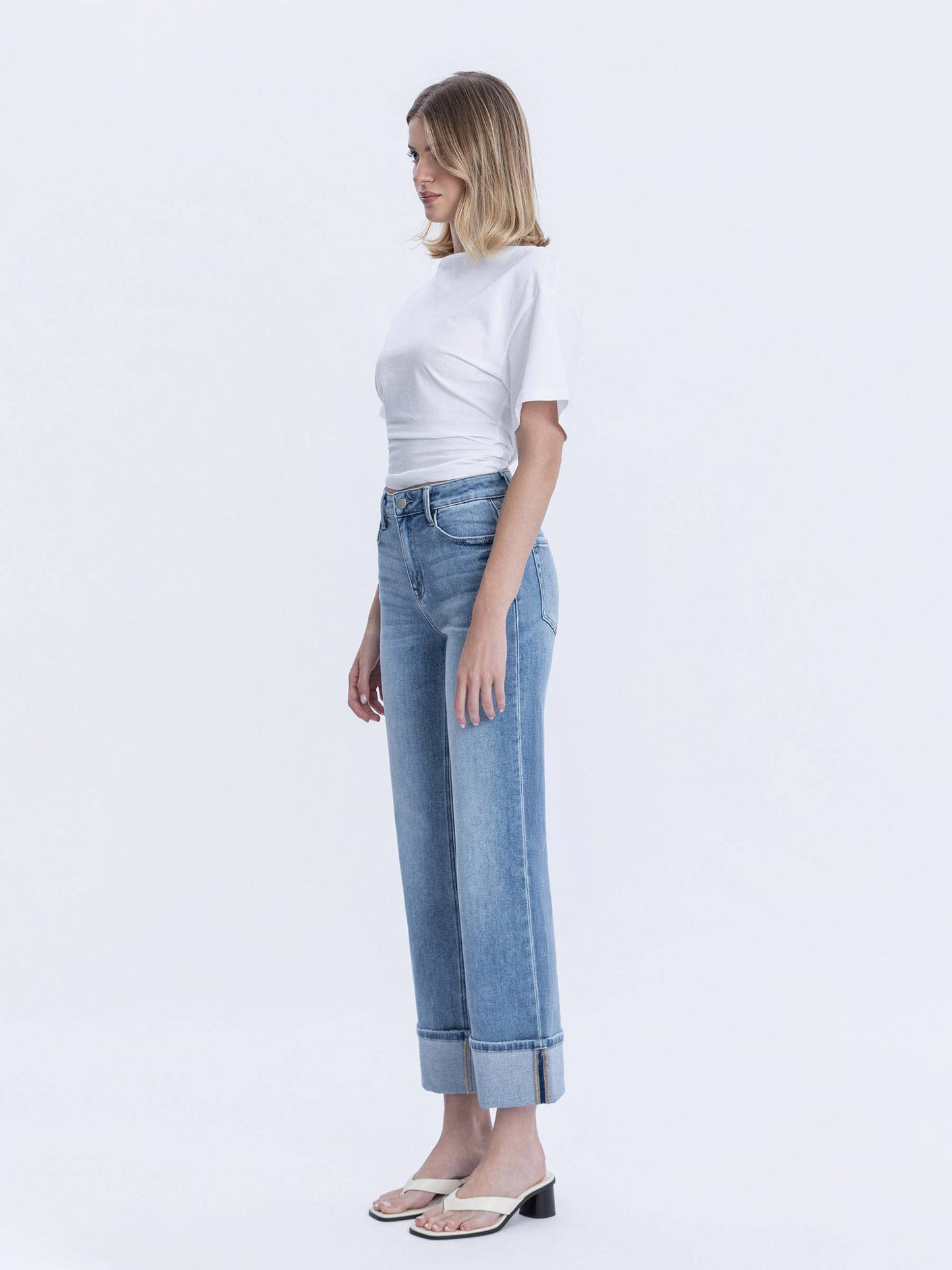 High Rise Medium Light Wash Cuffed Slim Wide Leg by Flying Monkey