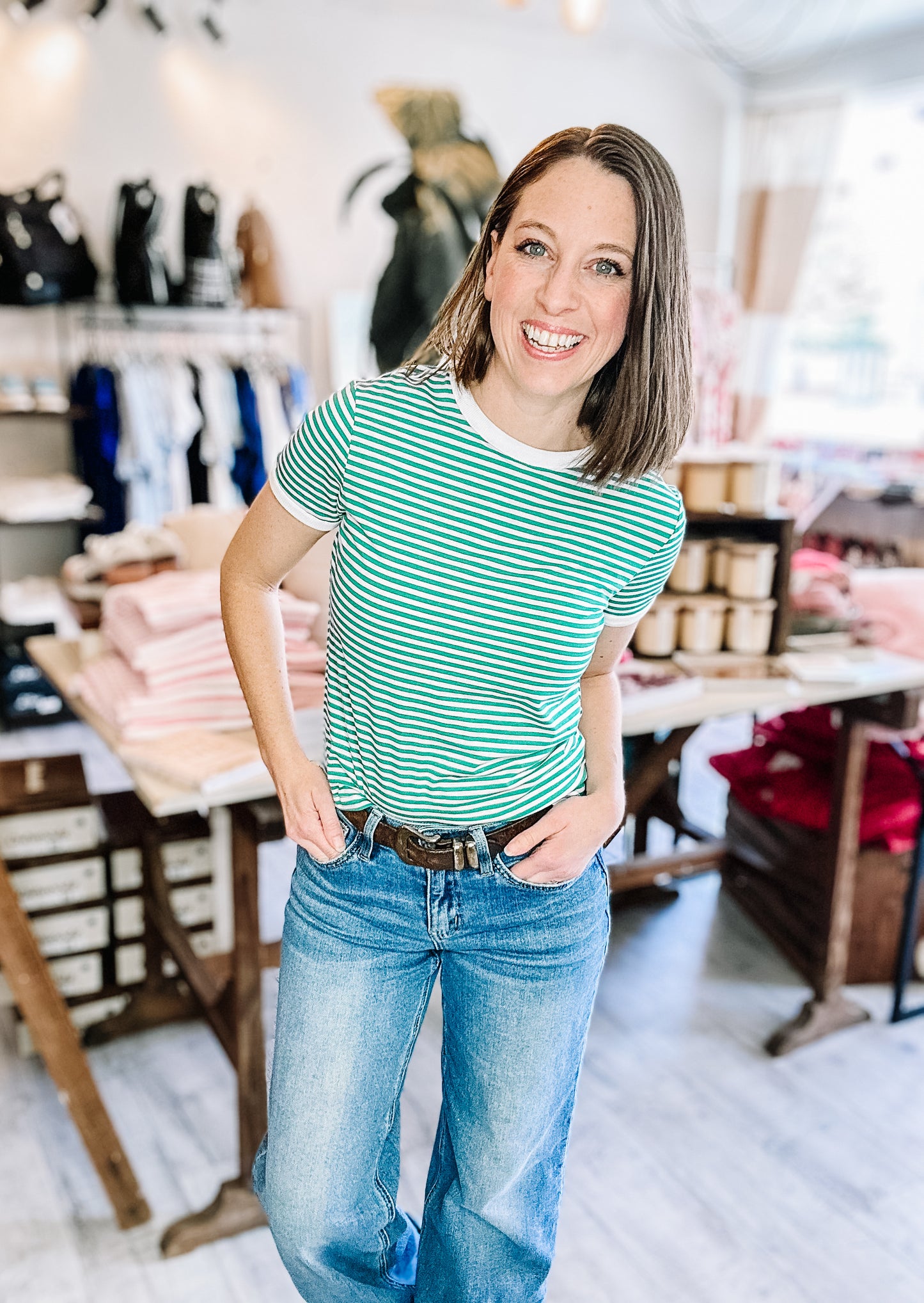 Striped Contrast Trim Tee in Kelly Green & Lavender