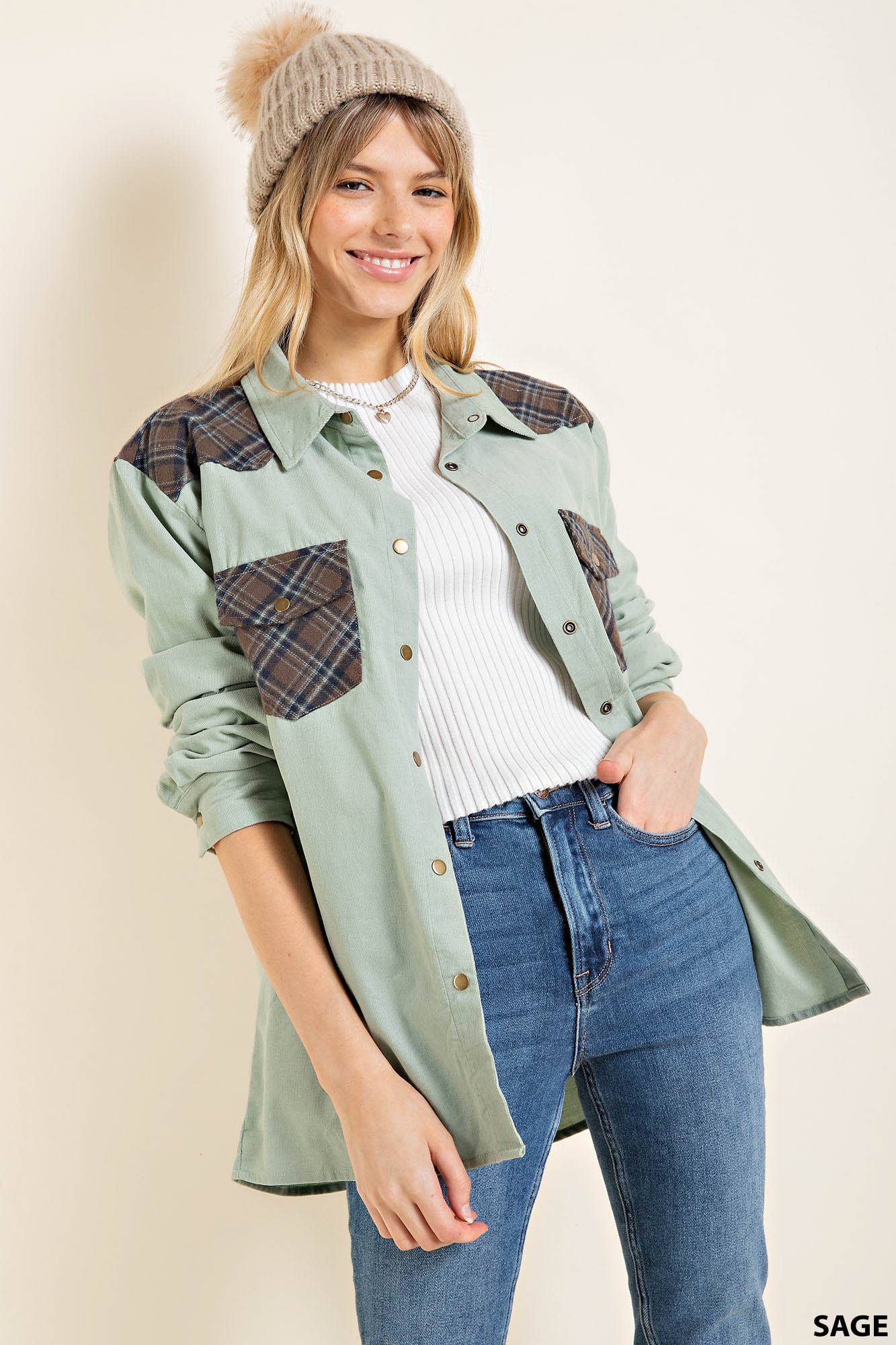 Corduroy Plaid Snap Western Top in Sage