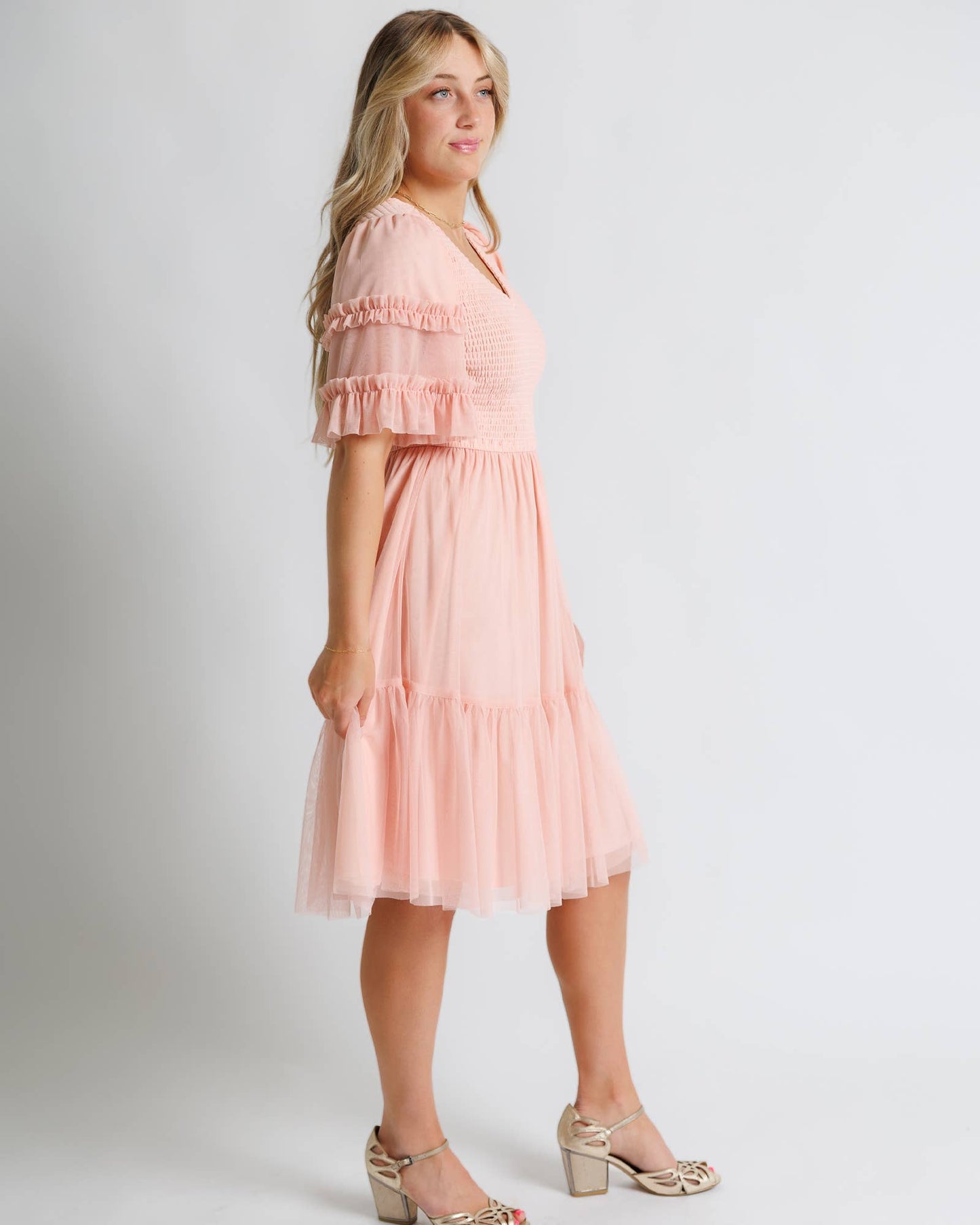 True Romance Peach Half Sleeve Tulle Midi Dress