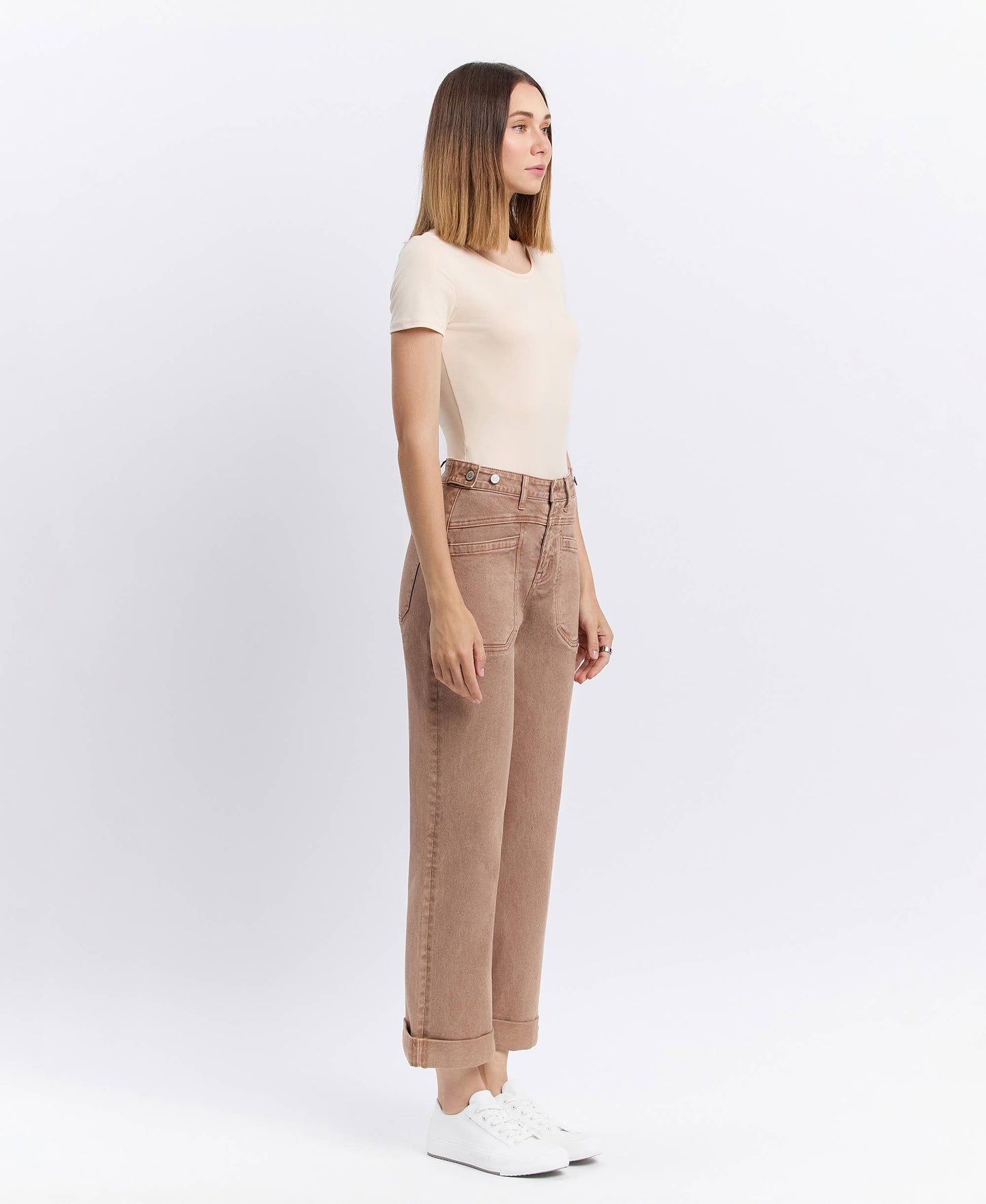 High Rise Tab Wide Denim in Warm Taupe by Flying Monkey