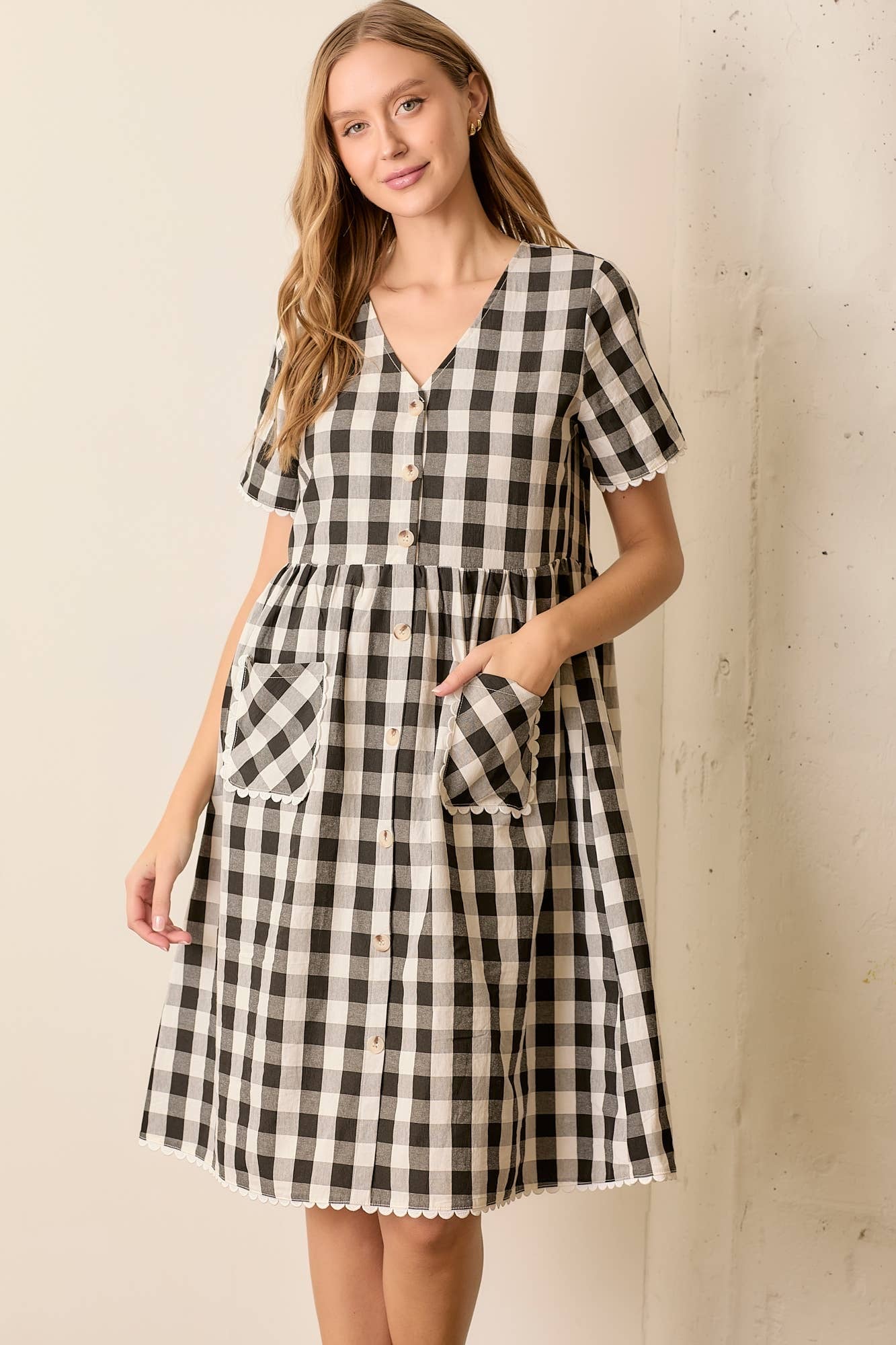 Gingham Button Up Midi Dress in Black and Cream
