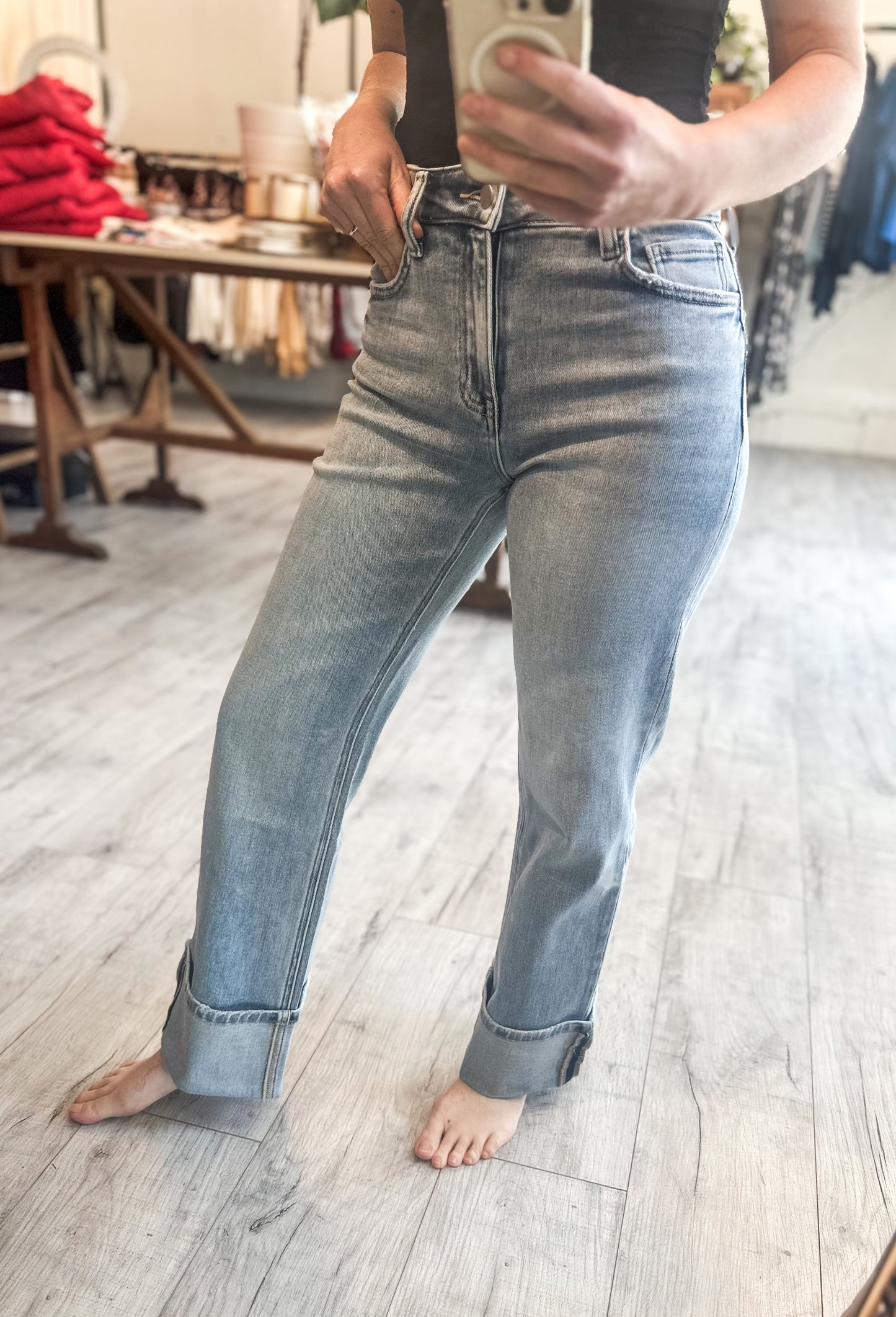 High Rise Medium Light Wash Cuffed Slim Wide Leg by Flying Monkey