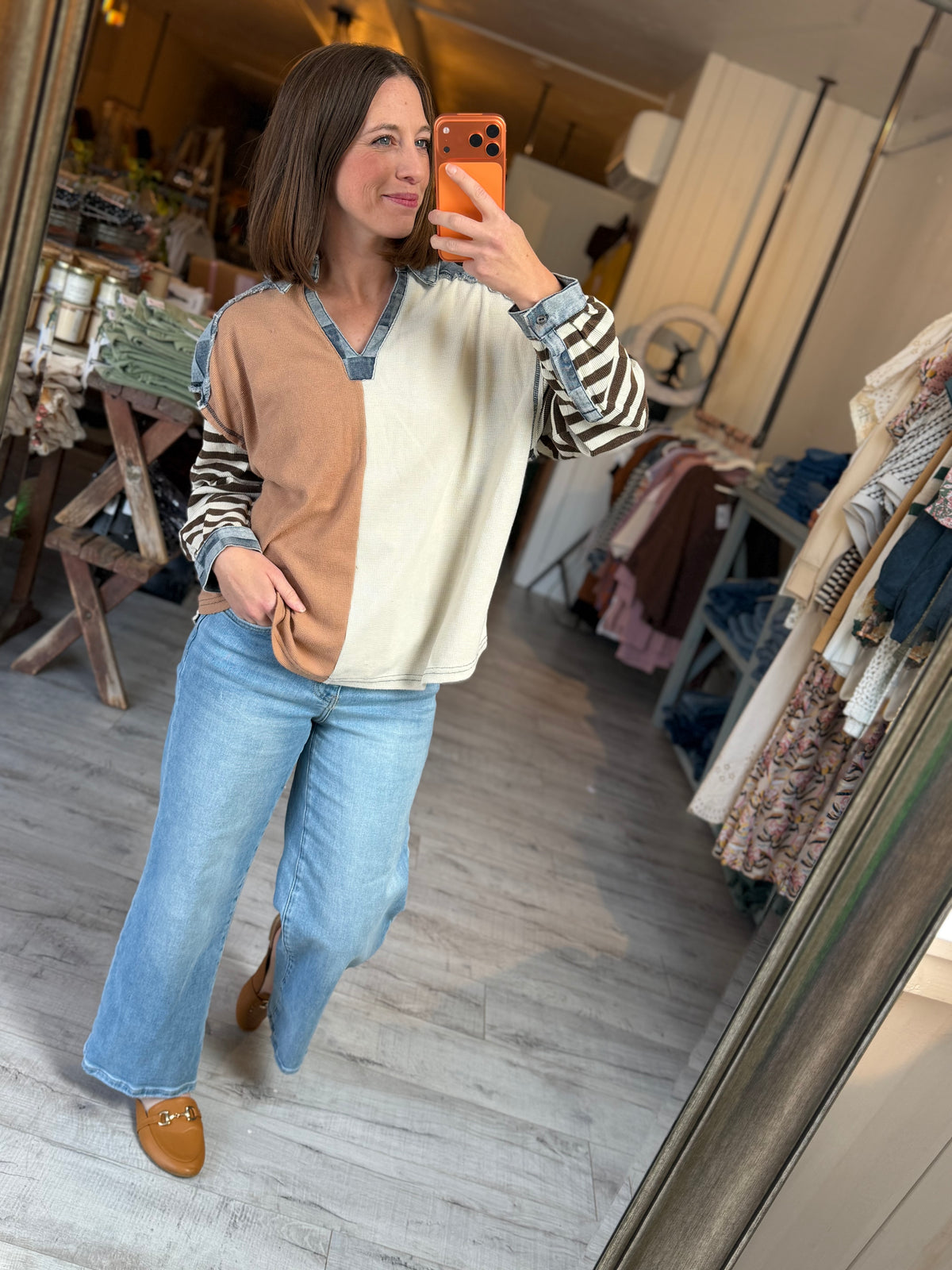 CUT EDGE CHECKER DENIM WAFFLE MIX AND MATCH TOP