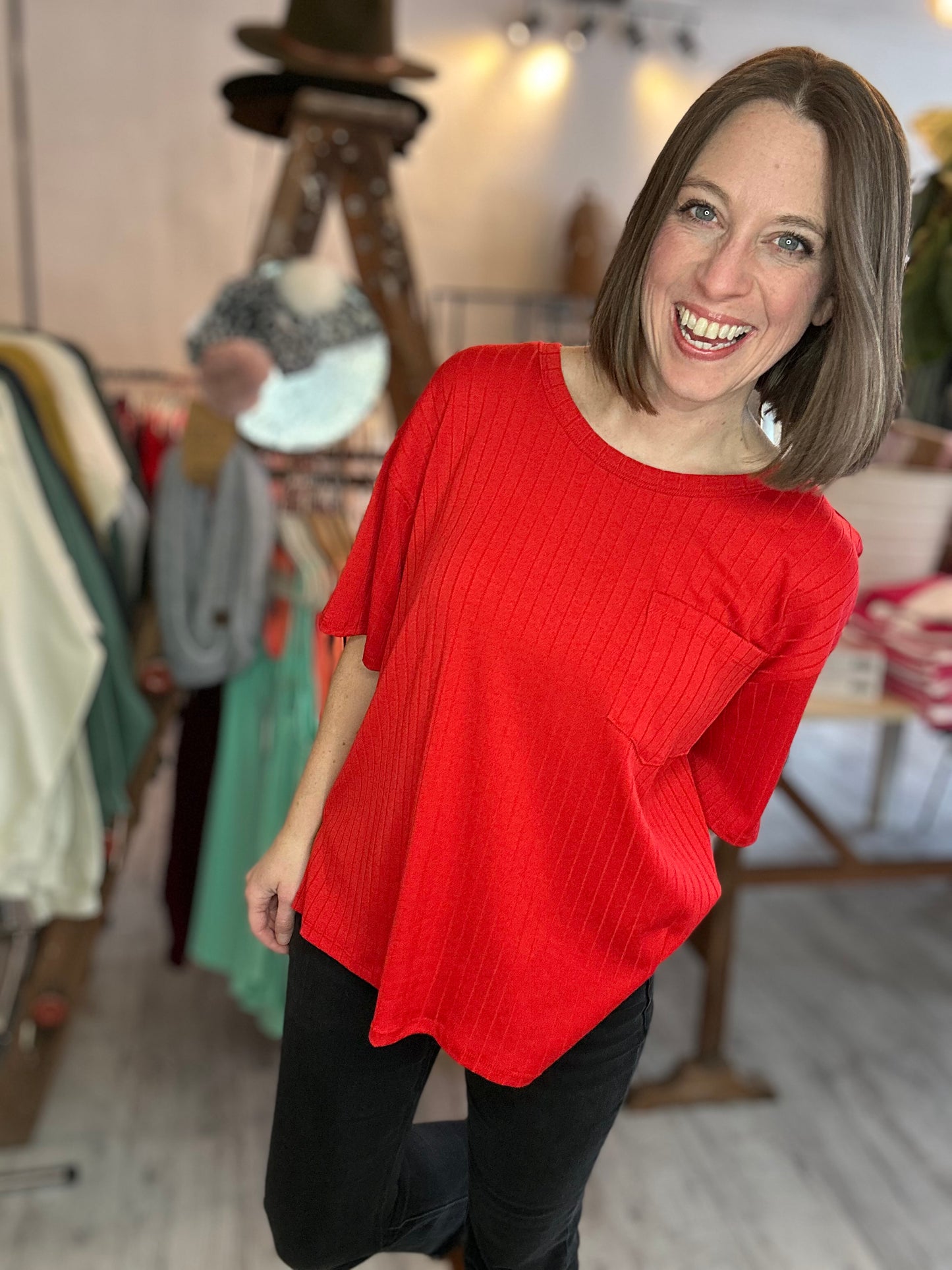Ribbed Boyfriend Style Oversized Top in Ruby Red