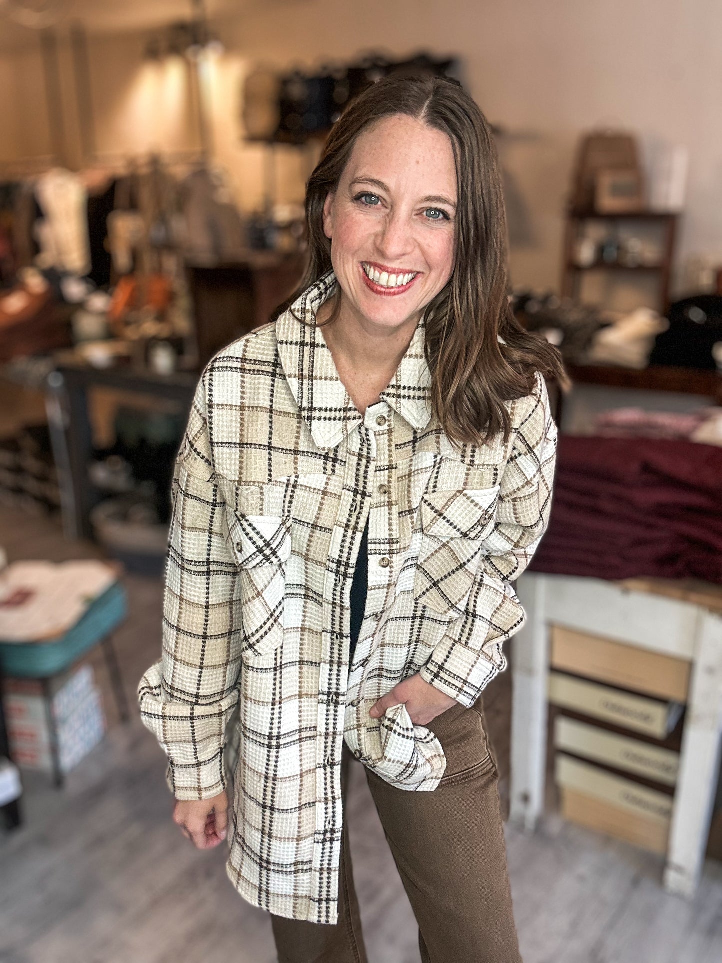 Oversized Checkered Casual Shacket Jacket in Cream