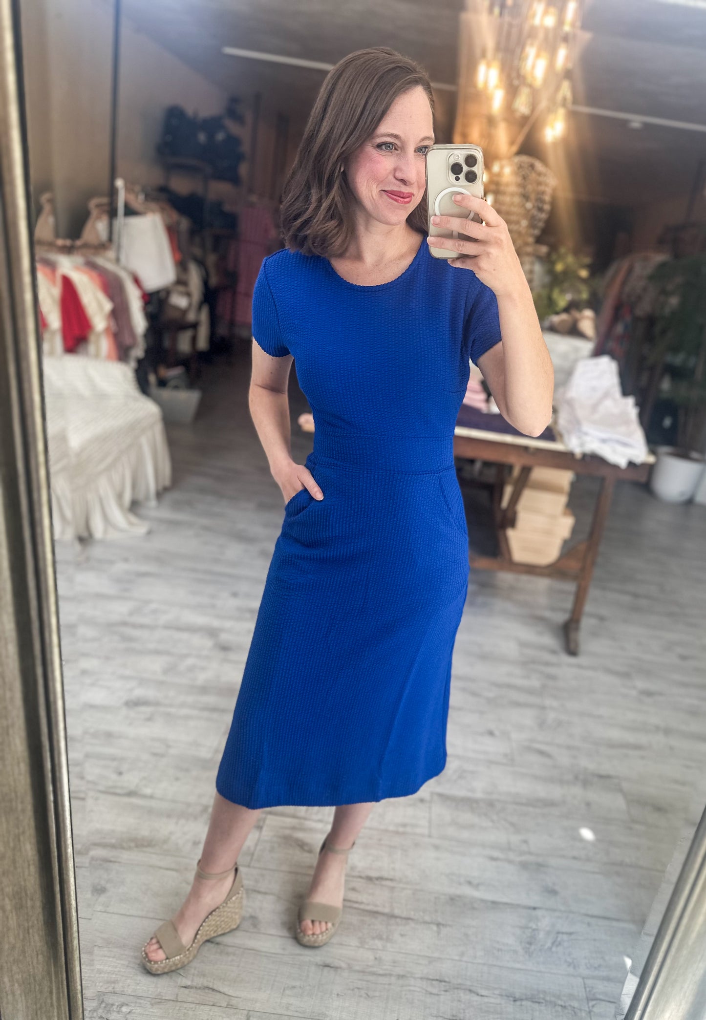 Say Oui! Royal Blue Short Sleeve Ribbed Knit Midi Dress