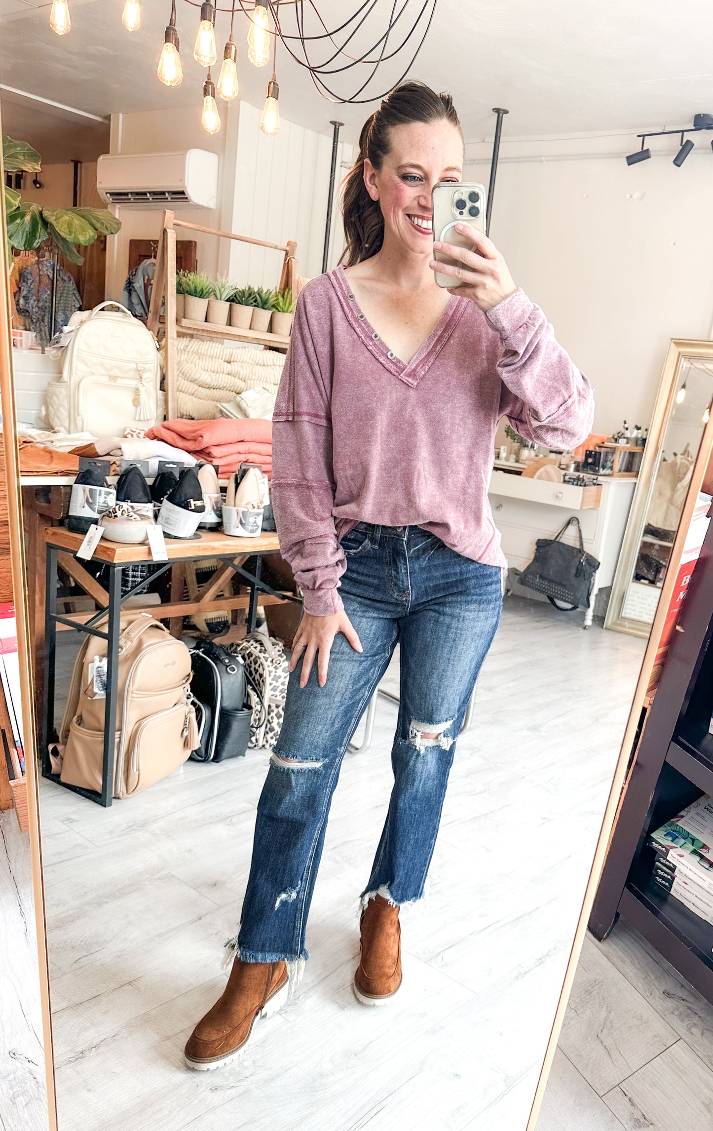 Washed Knit V-Neck Oversized Top in Mauve