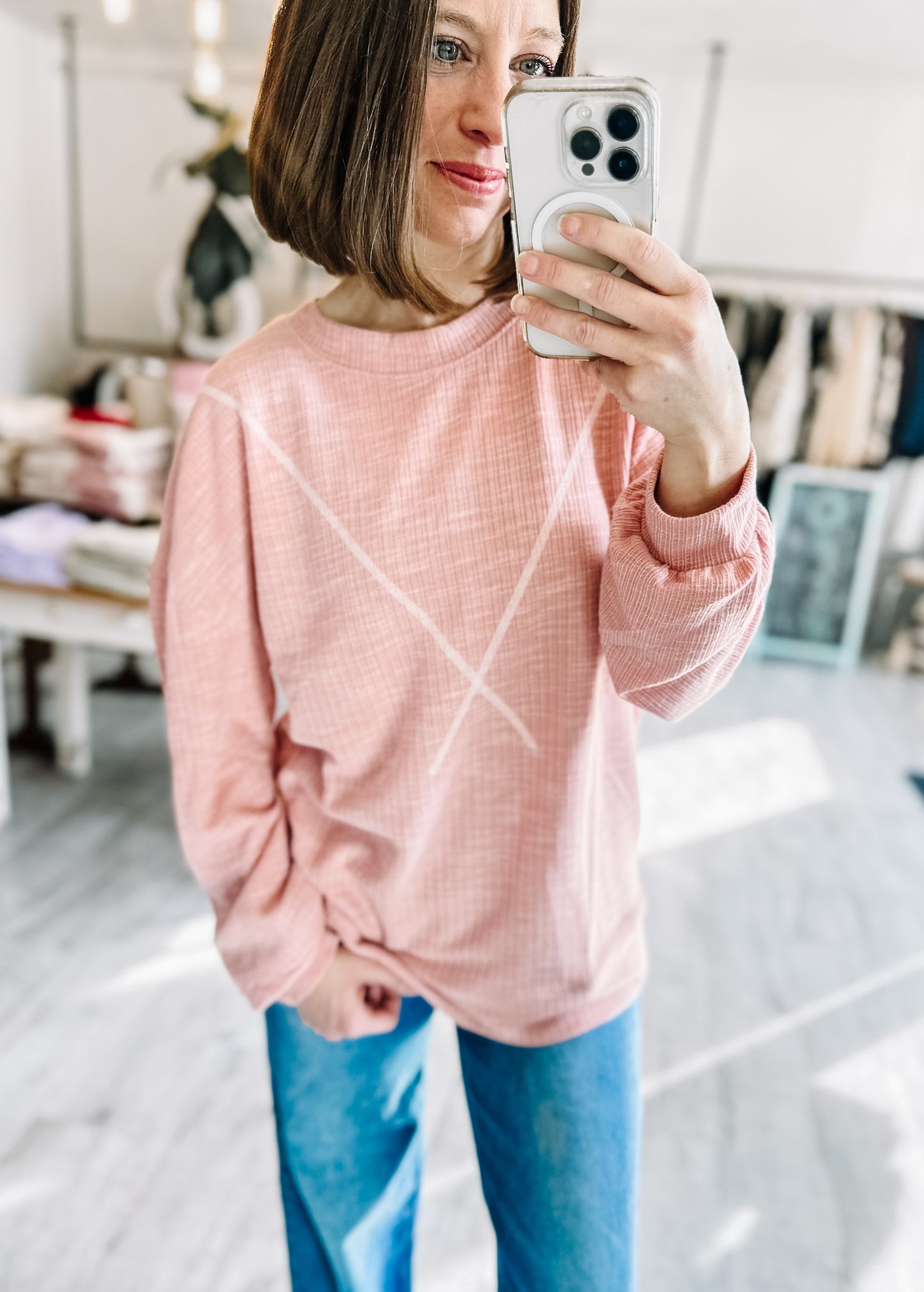 Ribbed Knit V Stitch Top in Mauve