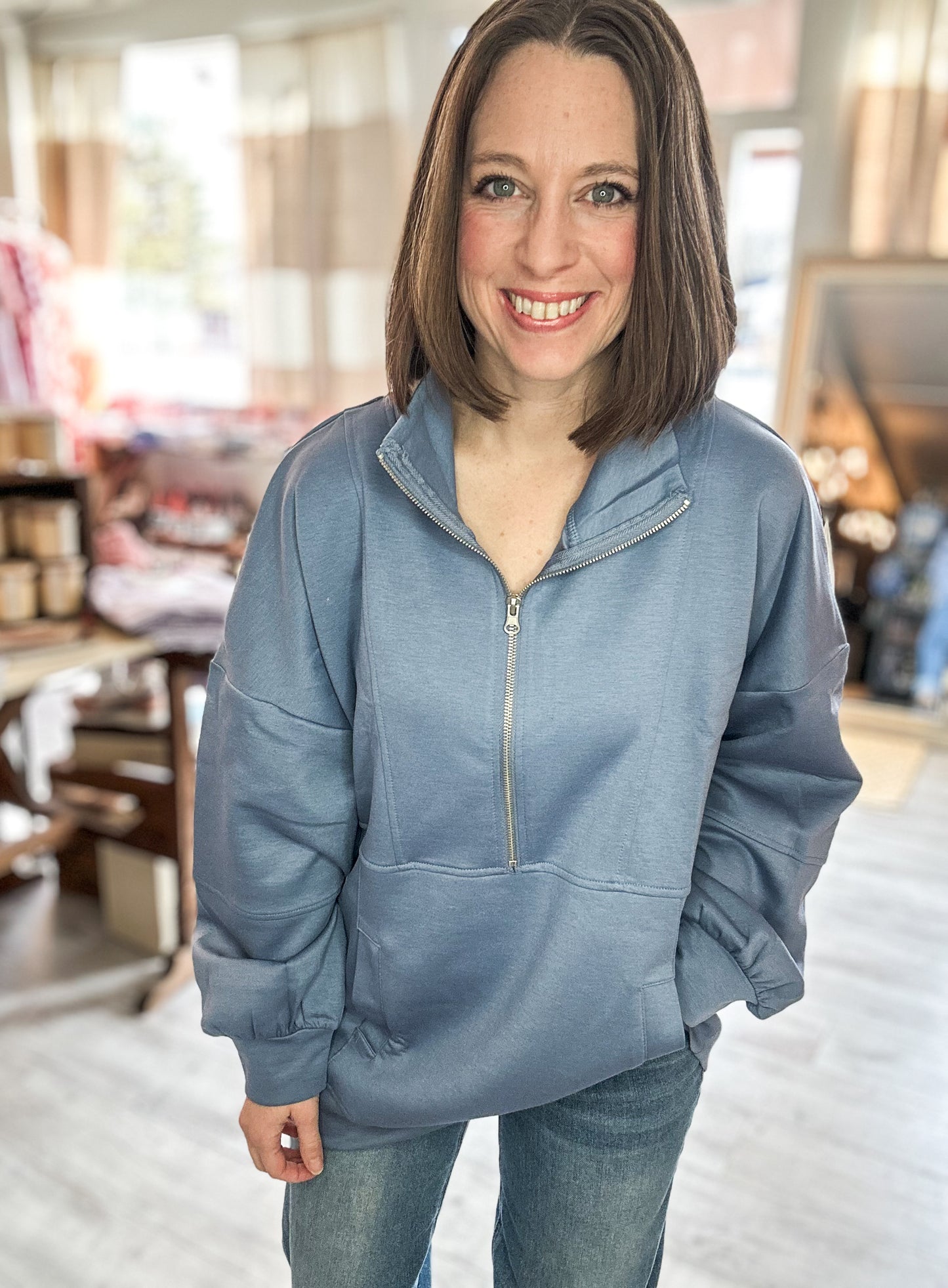 Half Zip UP Oversized Casual Comfy Knit Top in Denim Blue