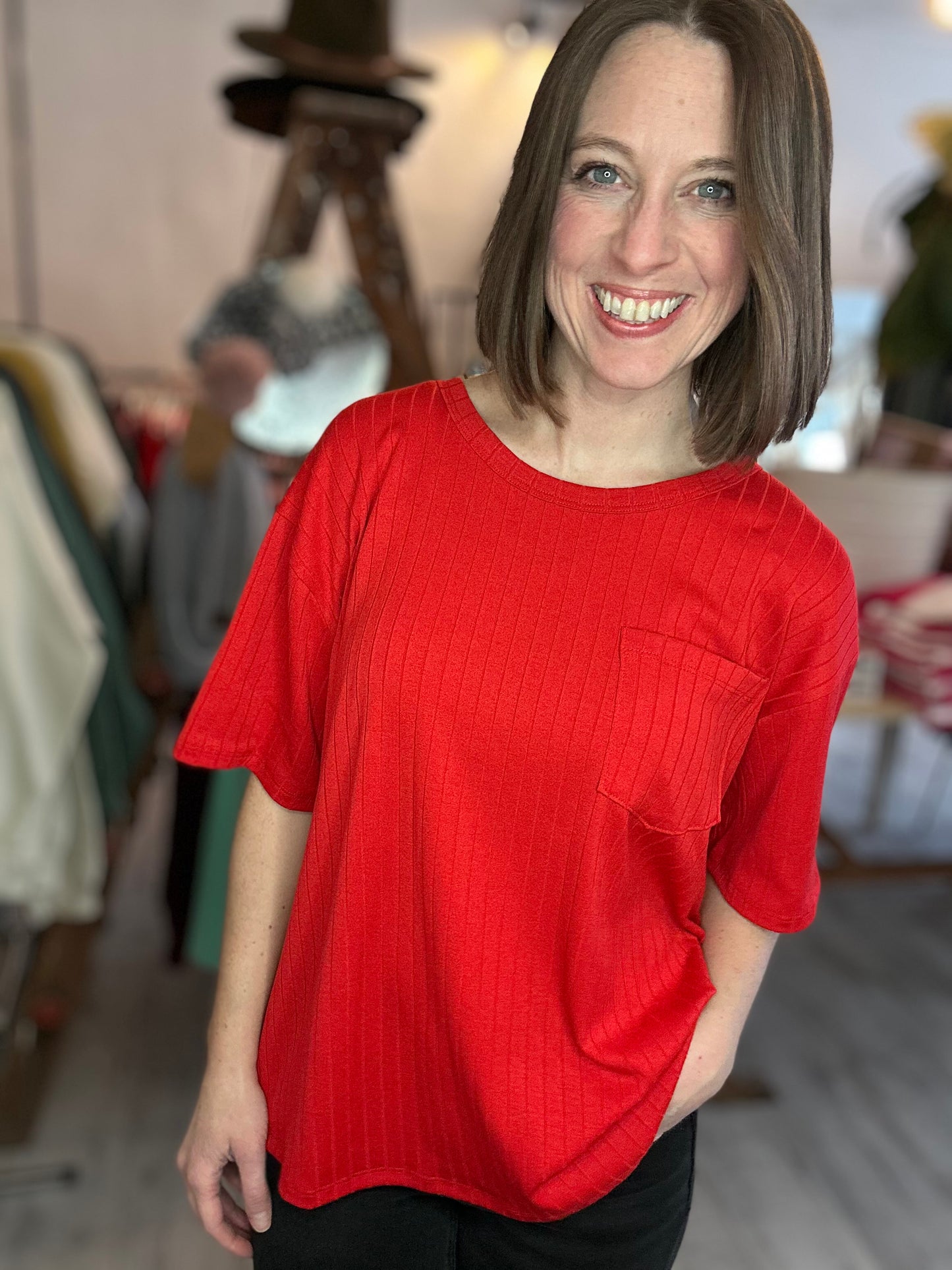 Ribbed Boyfriend Style Oversized Top in Ruby Red