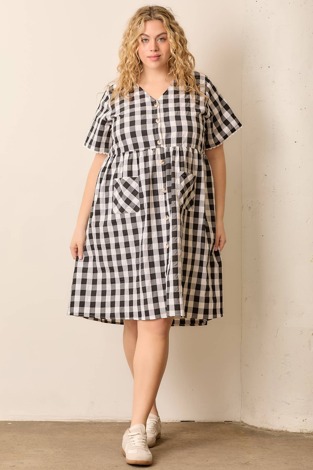 Gingham Button Up Midi Dress in Black and Cream