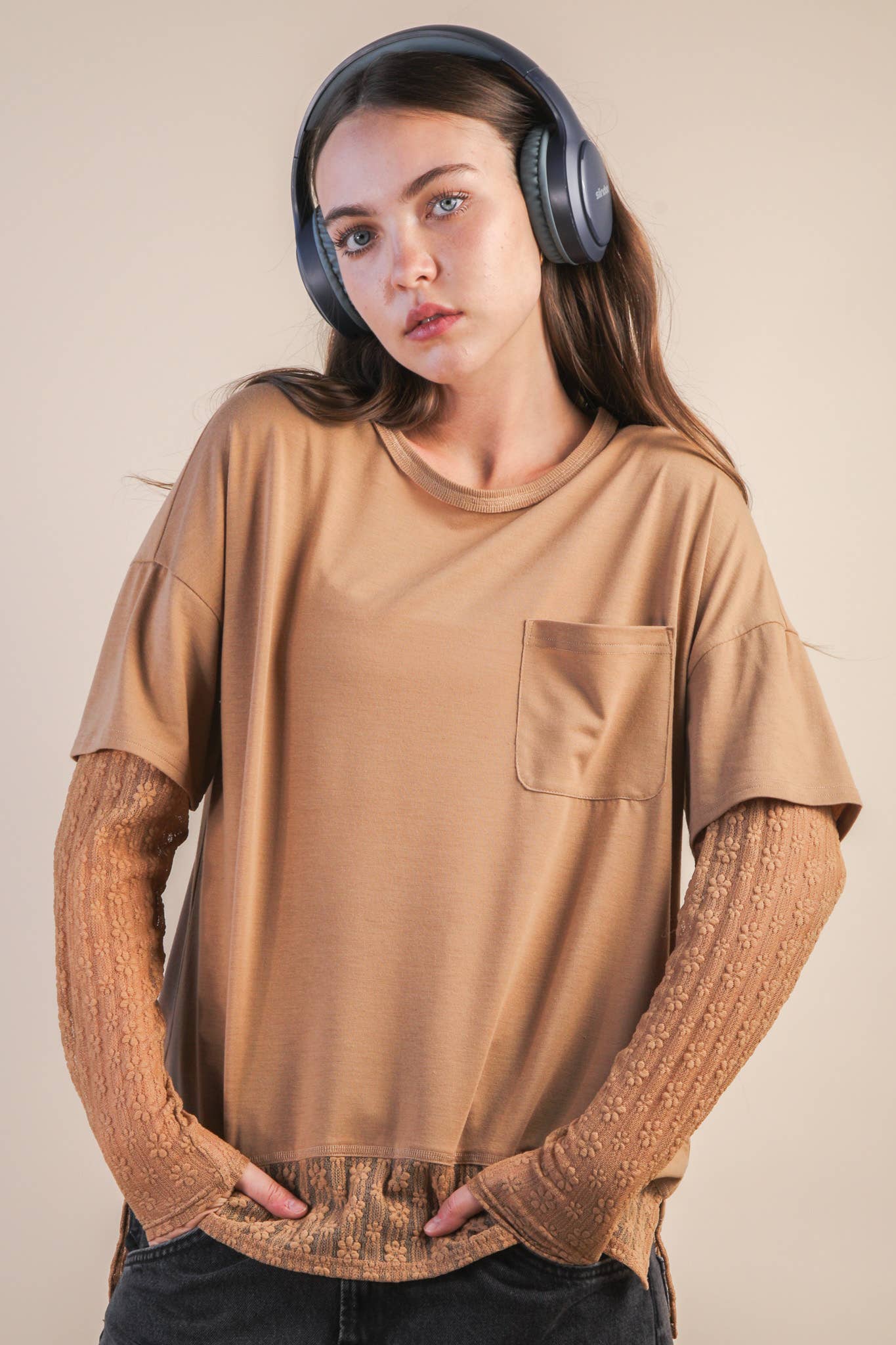 Oversized Casual Knit Top W/ Lace in Olive, Black or Wine