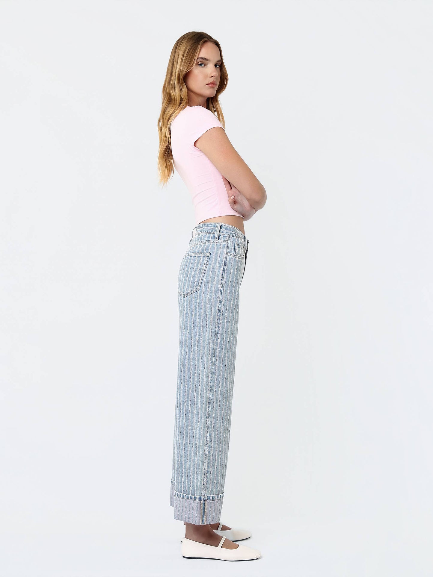 Super High Rise Cuffed Striped Wide Denim by Vervet