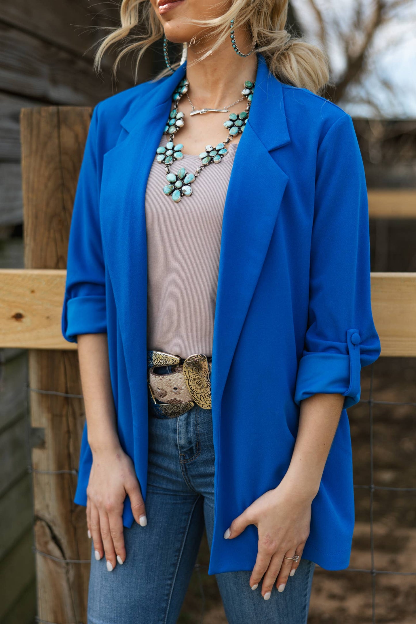 Open Front Relaxed Boyfriend Blazer in Royal Blue