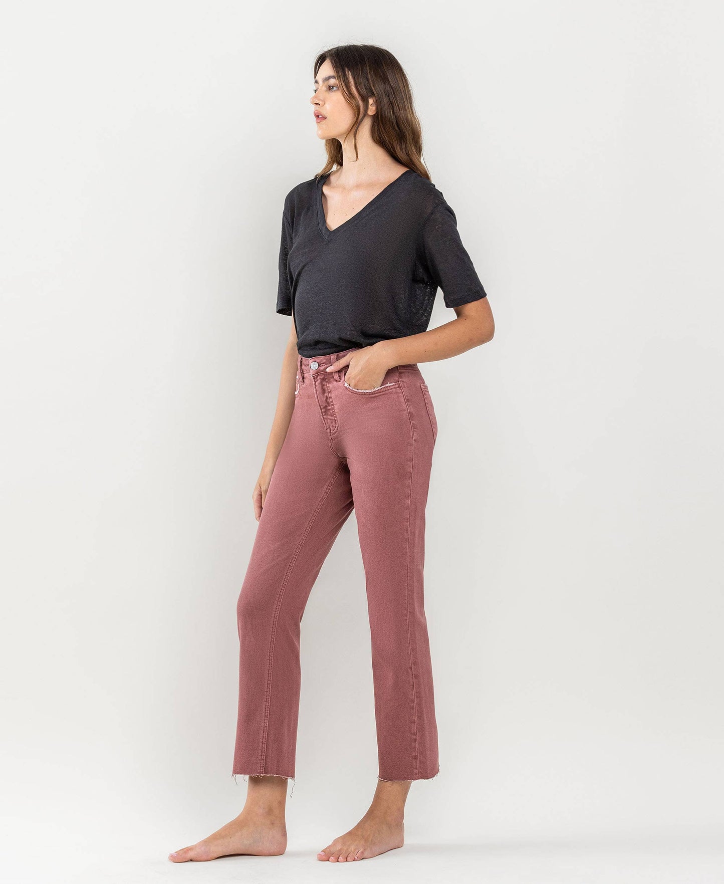 Raw Hem Crop Straight Medium/High Rise in Desert Rose