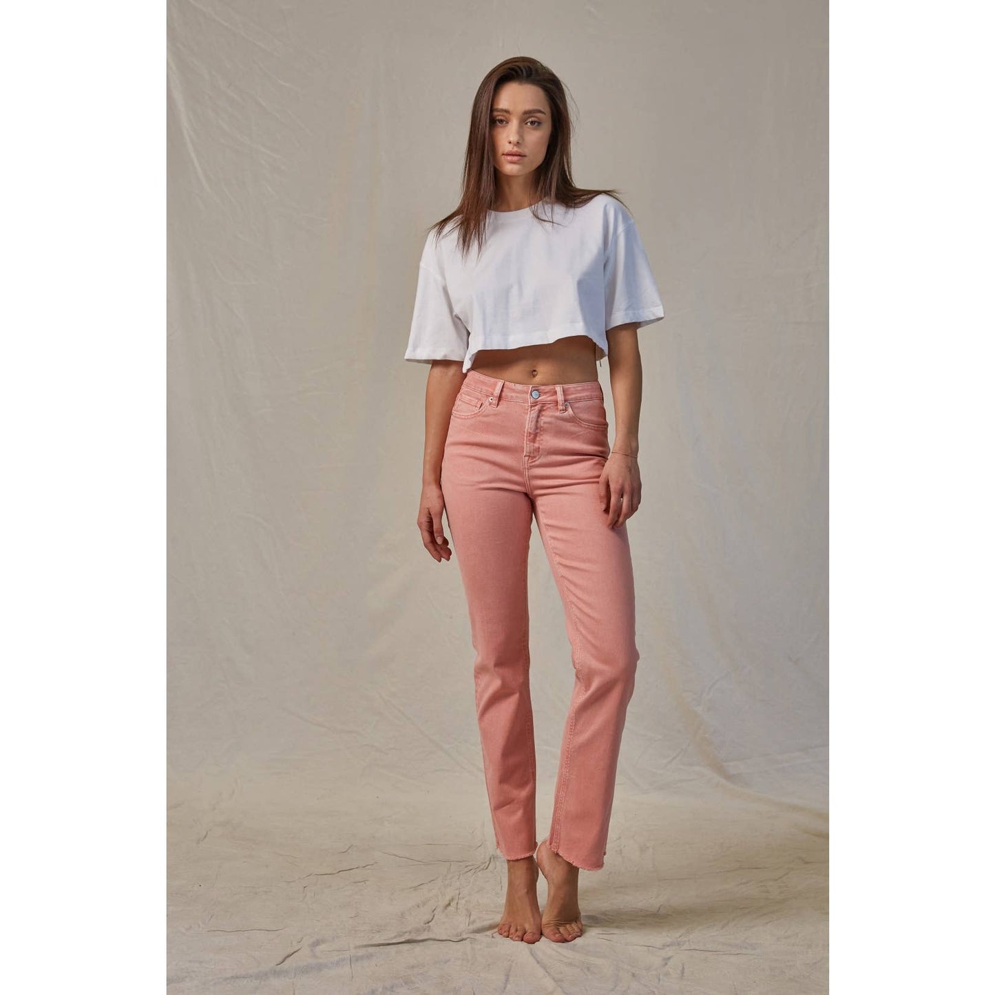 High Rise Vintage Garment Dyed Straight Denim in Peachy Pink by MICA