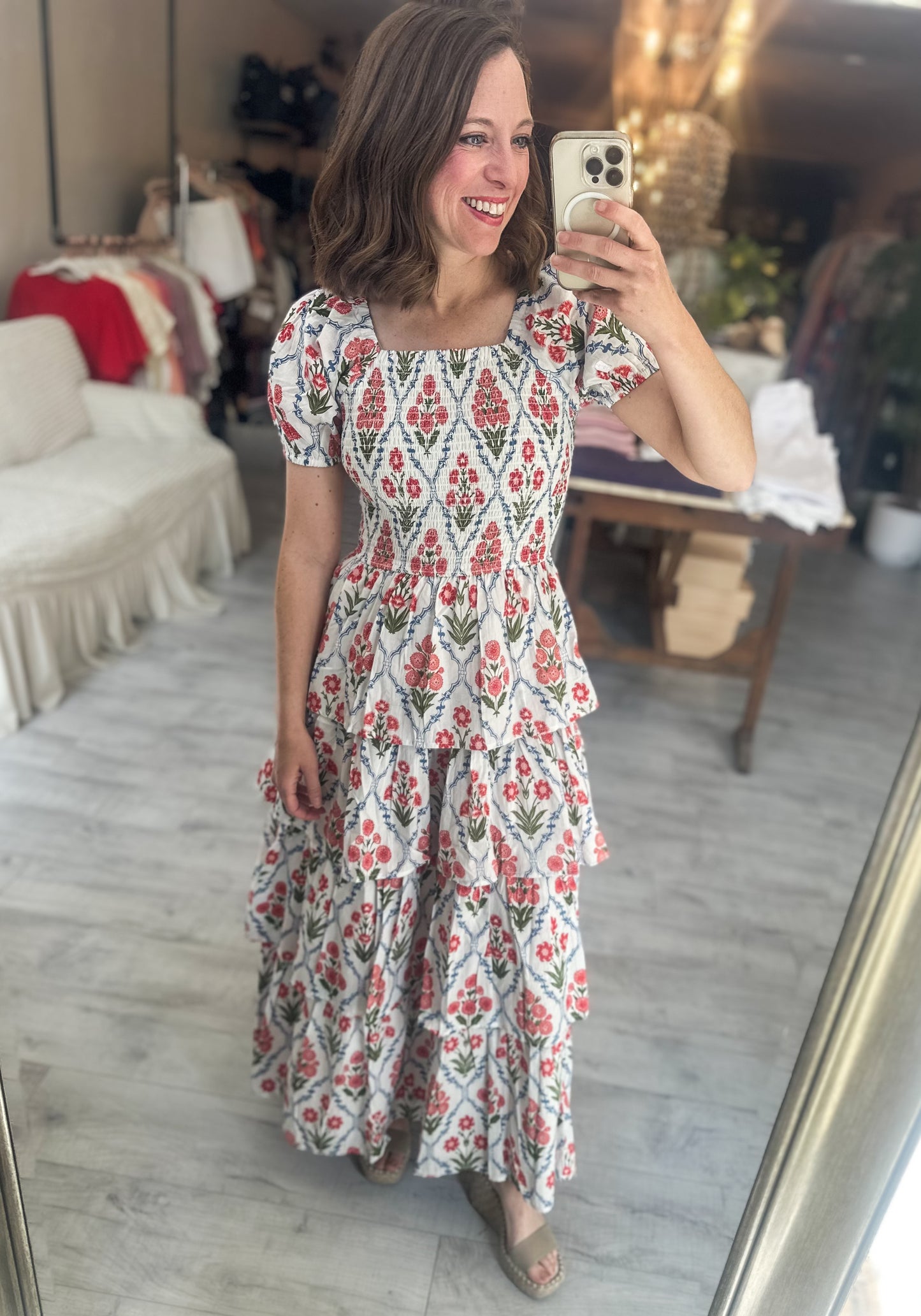 Joyful Floral Print Short Sleeve Maxi Dress w/ Tiered Skirt
