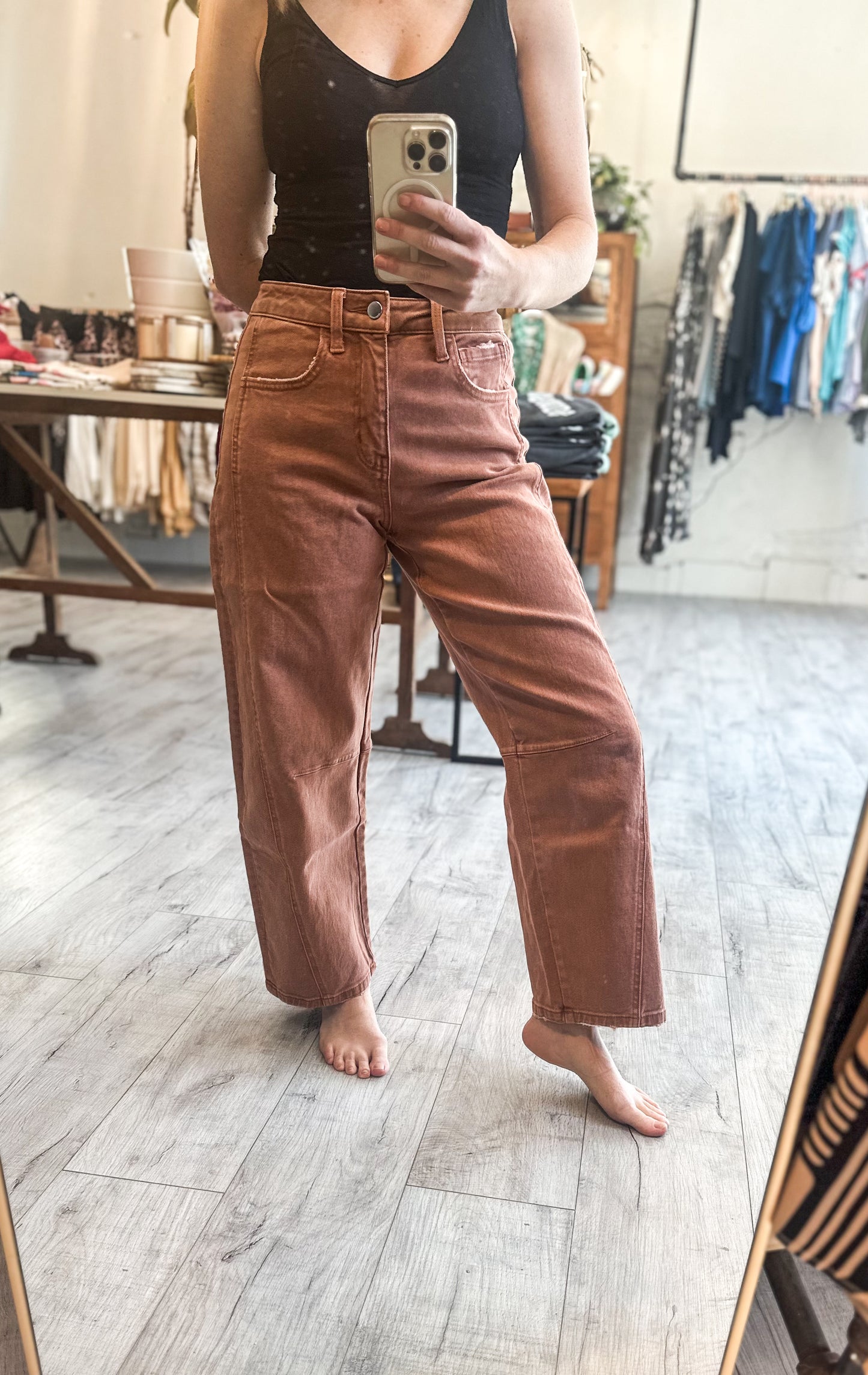 High Rise Twist Barrel Denim in Copper by Flying Monkey