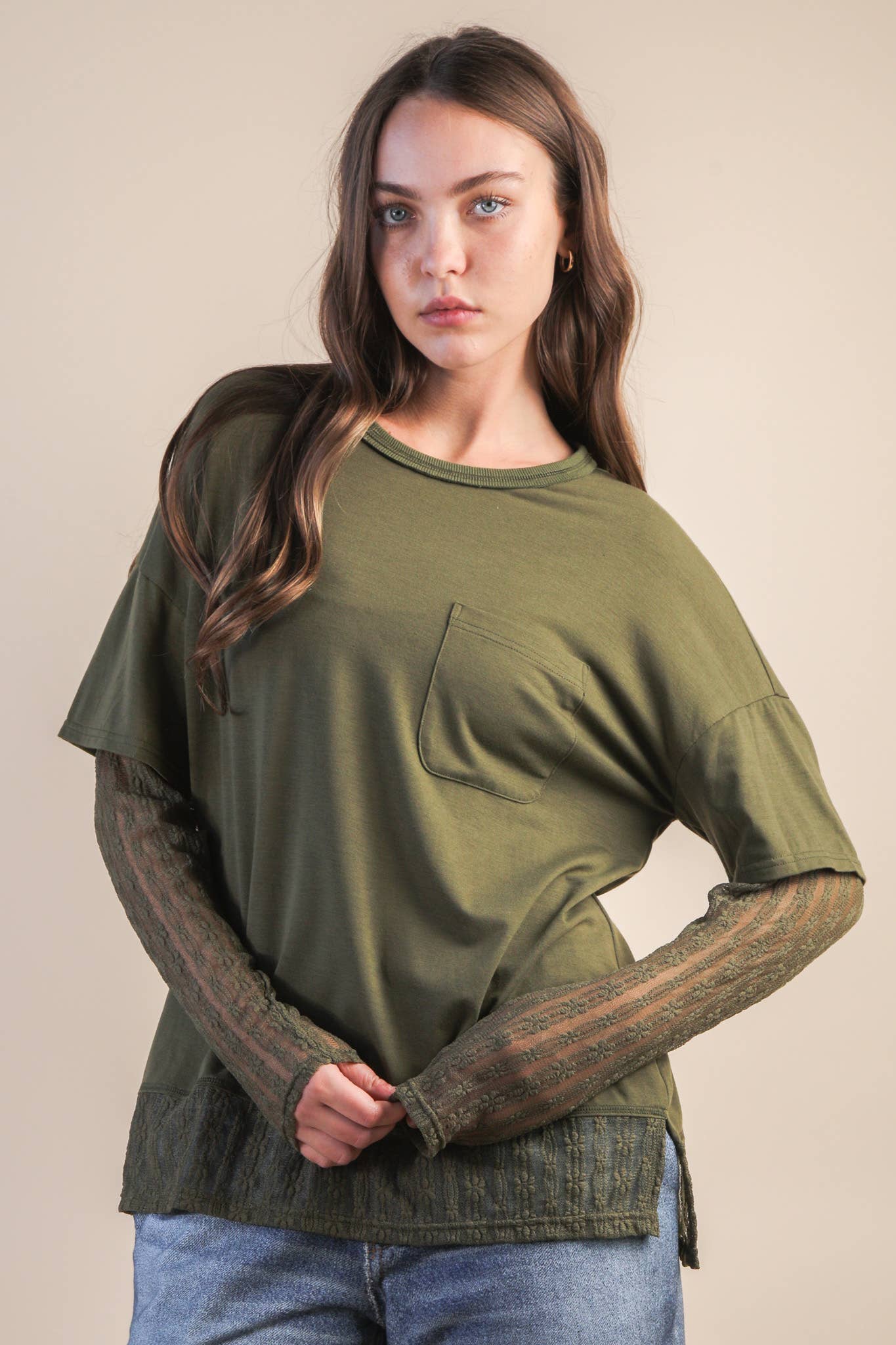 Oversized Casual Knit Top W/ Lace in Olive, Black or Wine