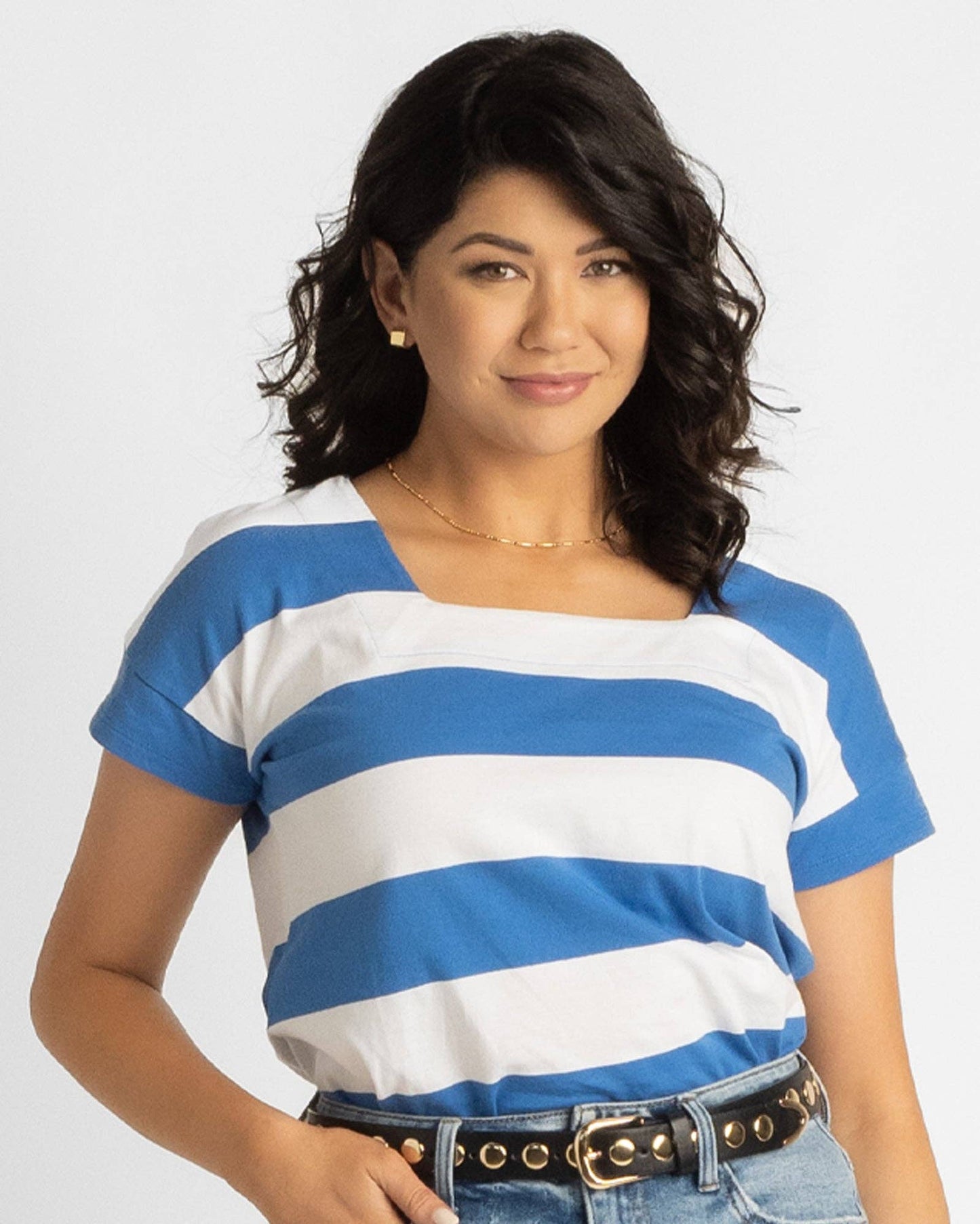 All Angles Square Neck Striped Tee in Bright Blue
