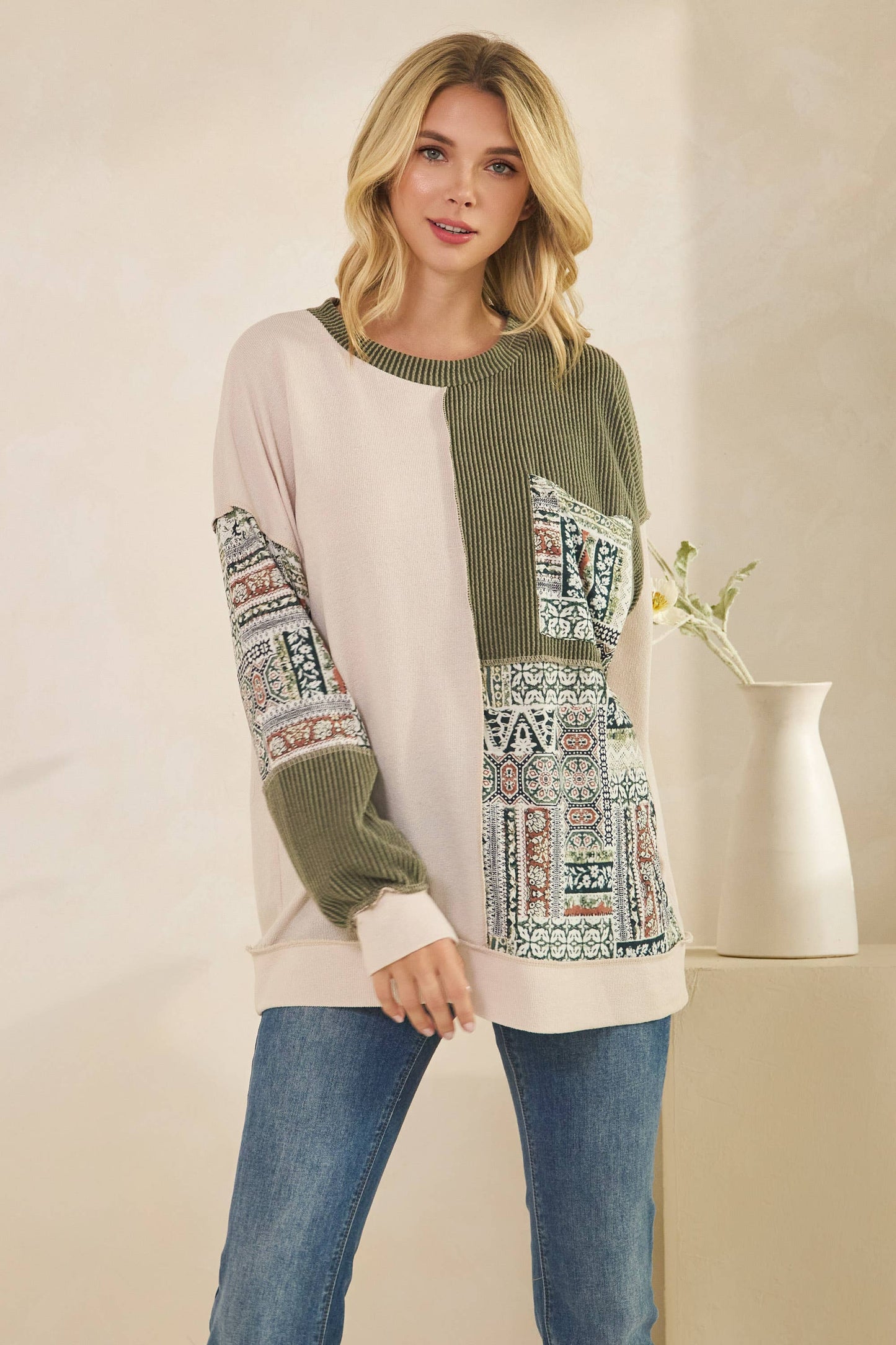 Patchwork Knit Long Sleeve Pullover Top in Burgundy or Olive