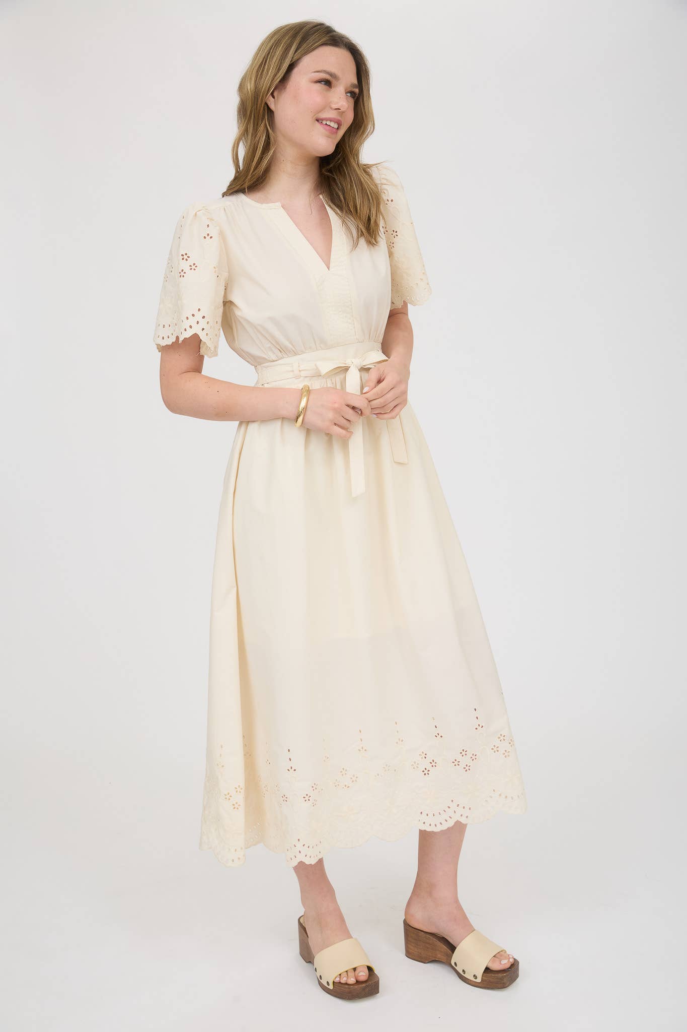 Embroidered Eyelet Belted Mid Dress in Champaign Ivory