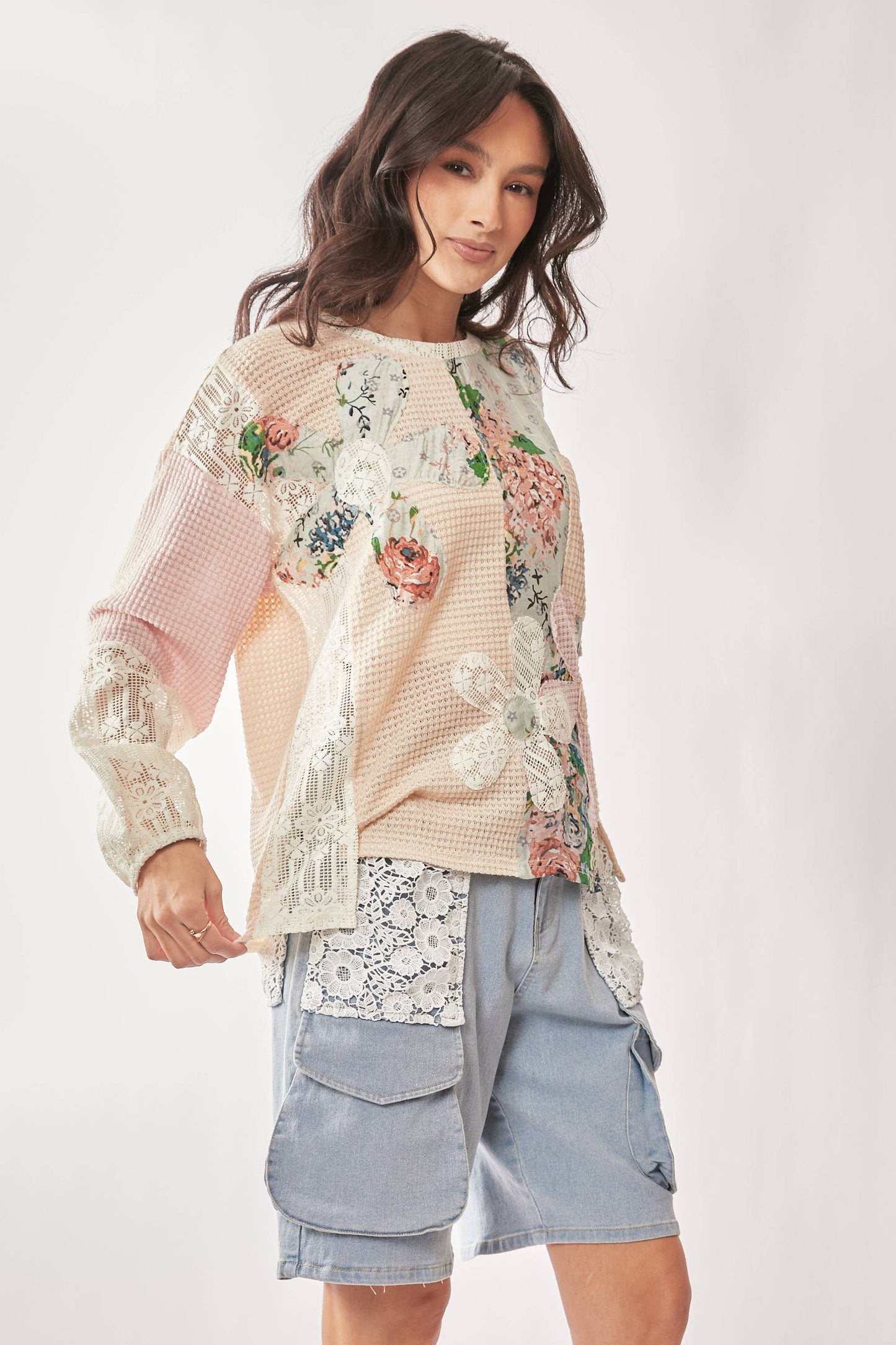 Lace Floral Mix Fabric Long Sleeves