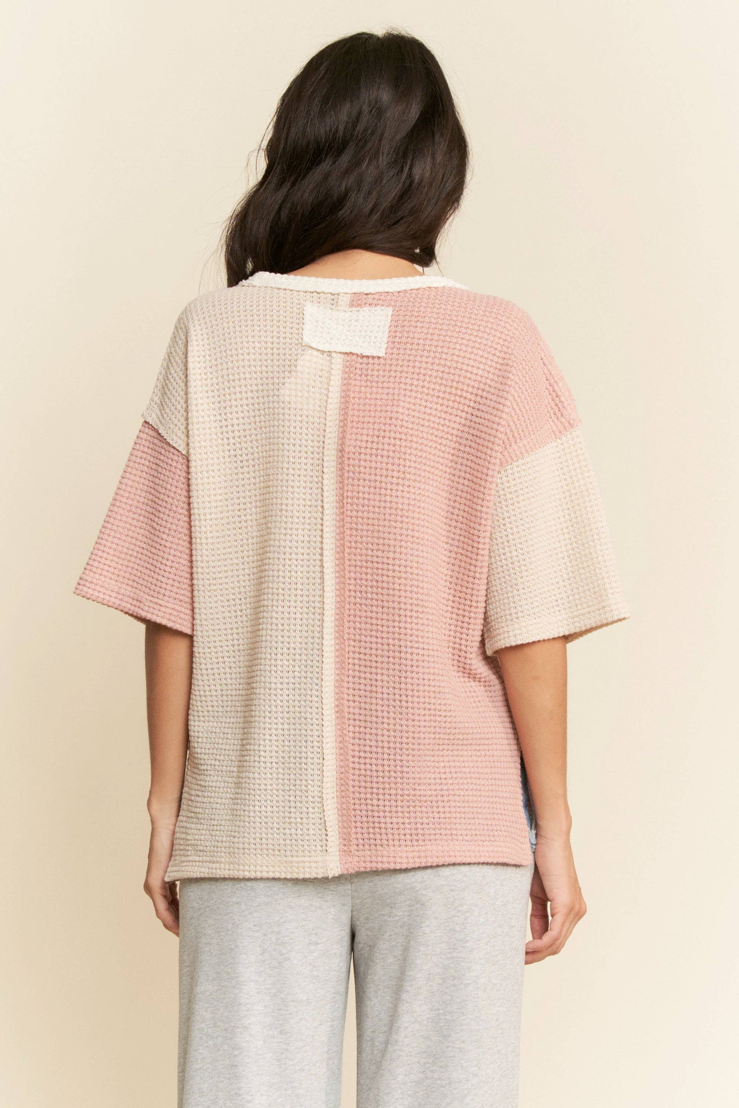 Patchwork Knit Pullover in Dusty Pink, Cream and Lace