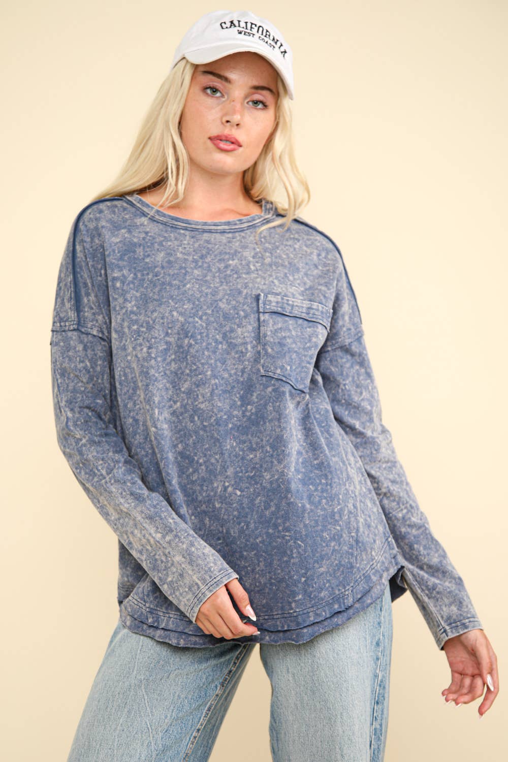 Mineral Washed Casual Knit Top in Denim Blue