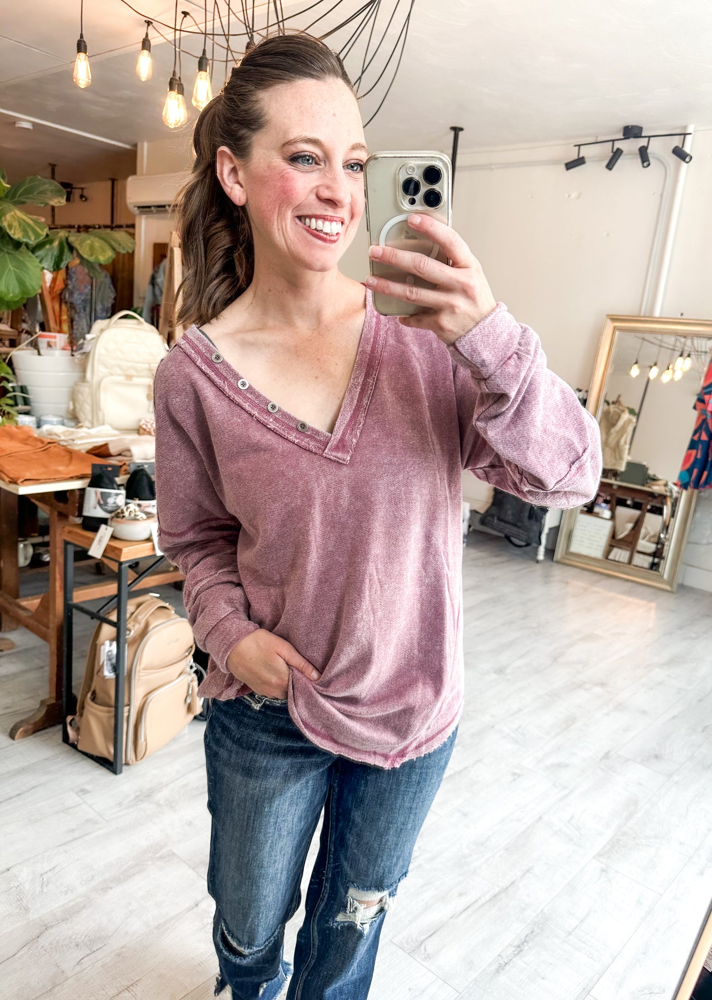 Washed Knit V-Neck Oversized Top in Mauve