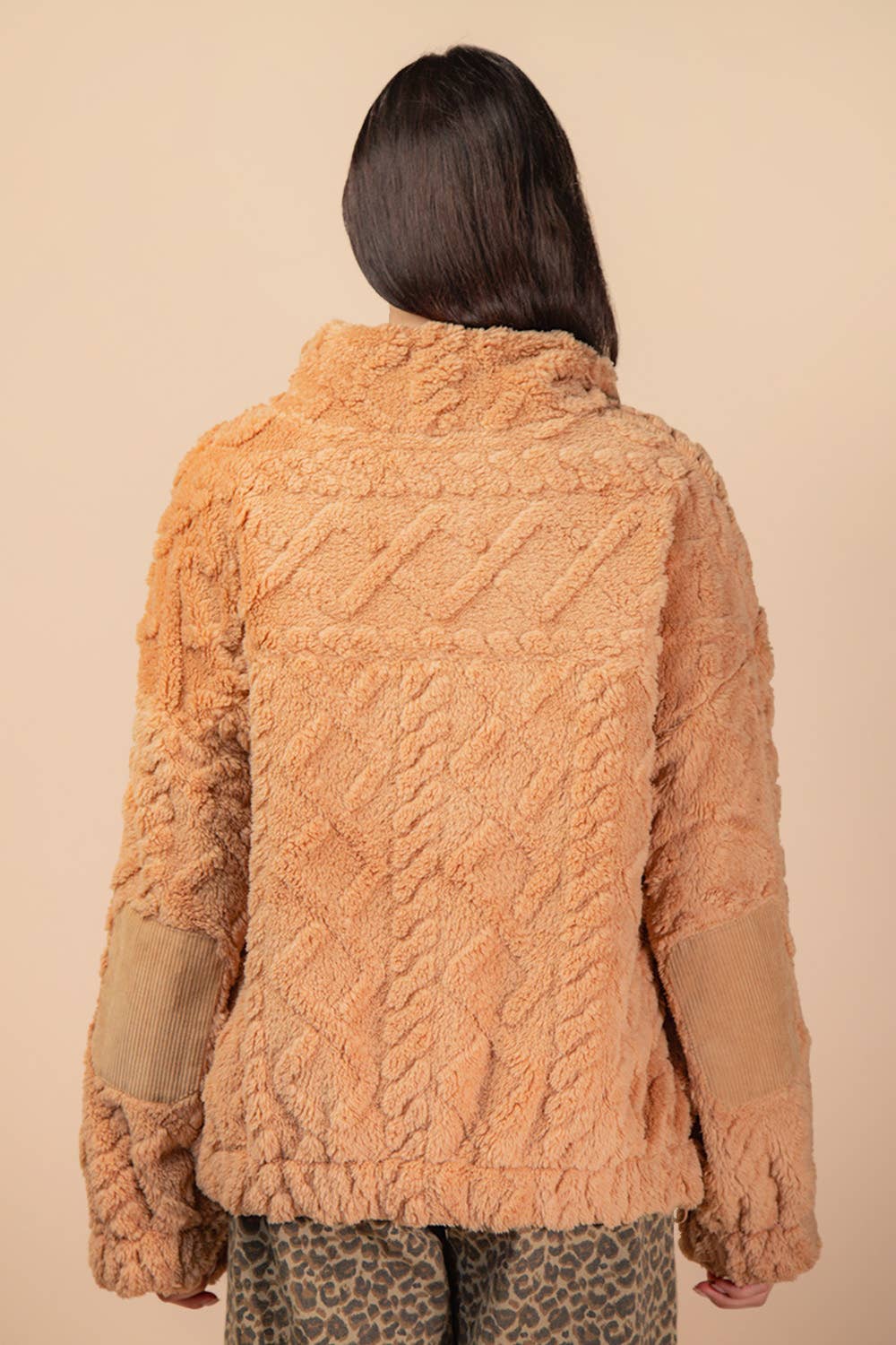 Fuzzy Fleece Cable Pattern Zip Up Jacket in Caramel Mocha