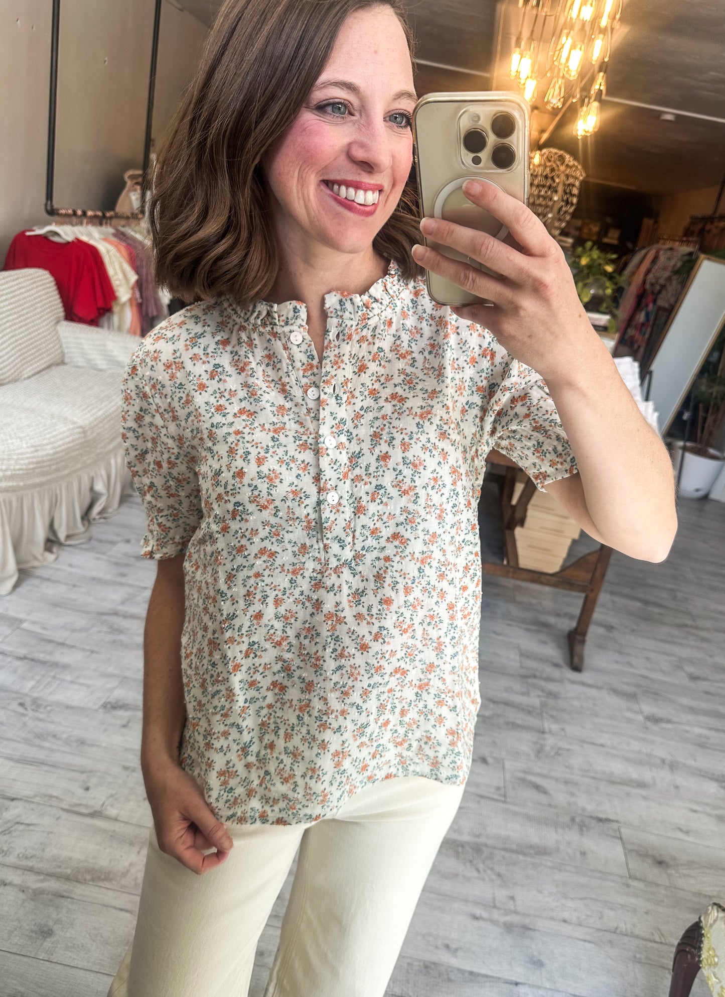 Aria Dainty Floral Print Short Sleeve Ruffle Neckline Blouse